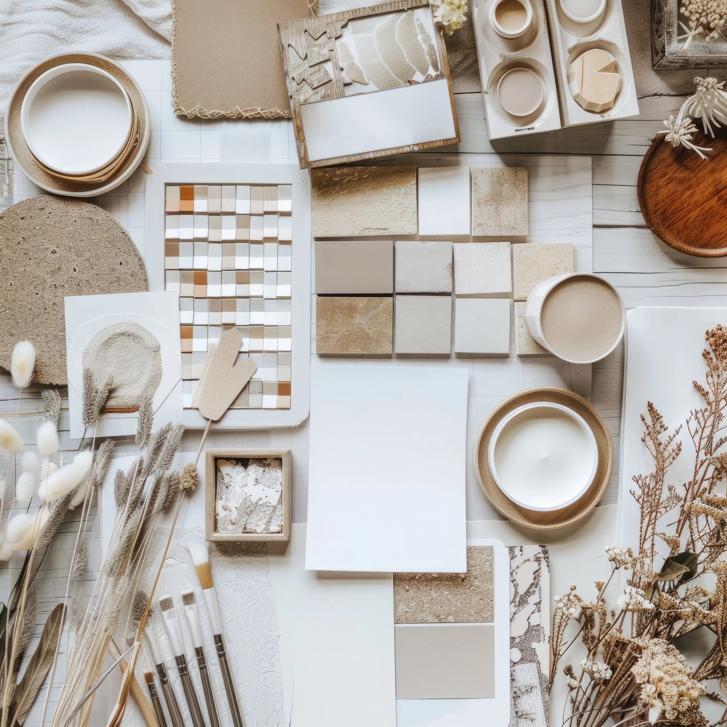 Sample of neutral-colored materials including ceramic tiles, stones, wood textures, fabric swatches, and dried plants.