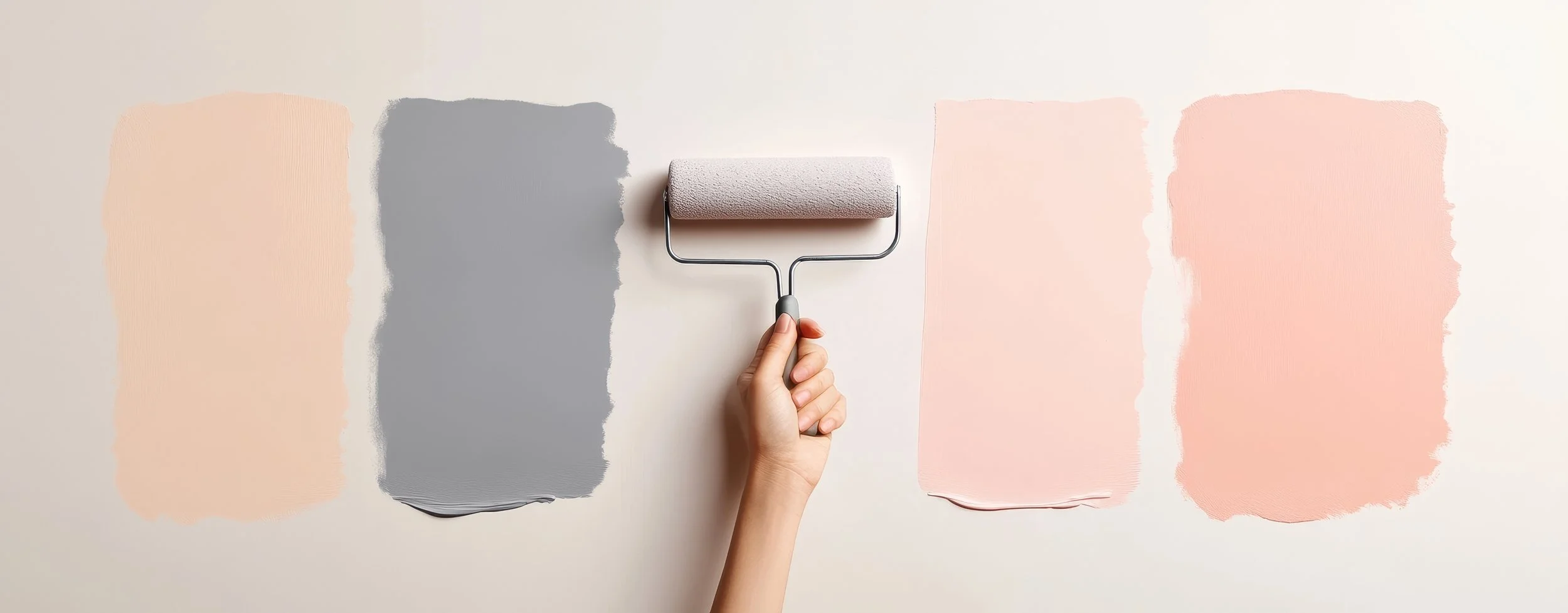 Person using a paint roller to paint a wall with swatches of light peach, gray, and soft pink colors.