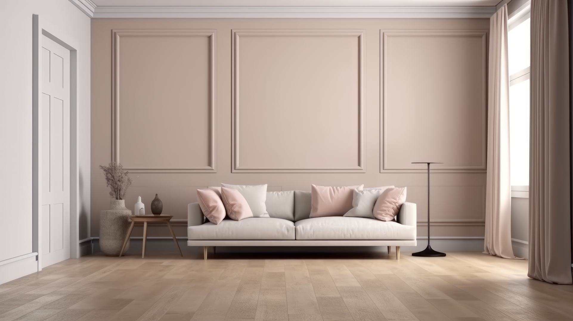 A modern, minimalist living room with a white sofa topped with light pink and white pillows, flanked by a side table with decorative vases and a tall black floor lamp, all against a beige wall with decorative molding, beside a large window with beige curtains.
