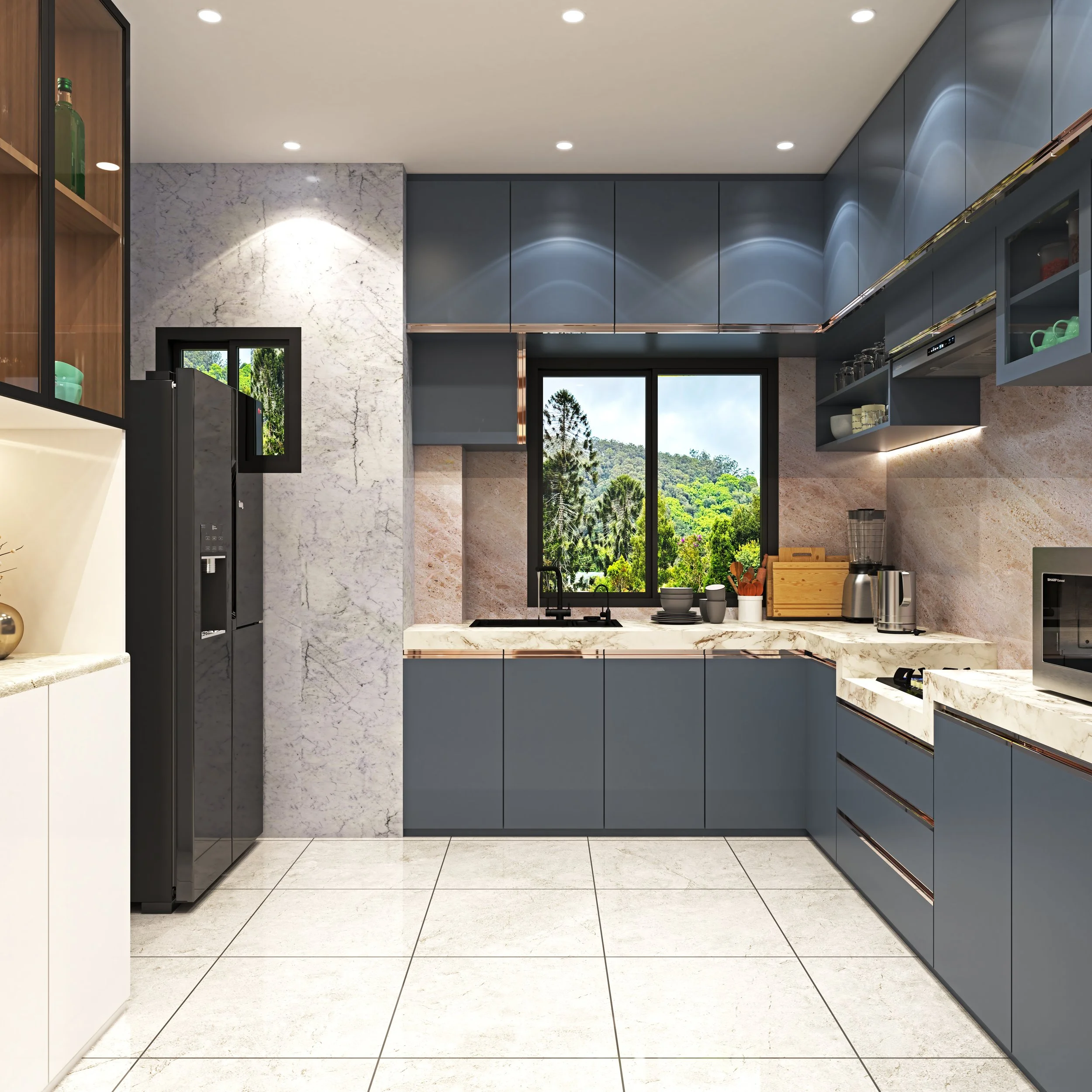 Modern kitchen with large window showing scenic outdoor view, blue upper cabinets, beige lower cabinets, marble countertops, and stainless steel appliances.