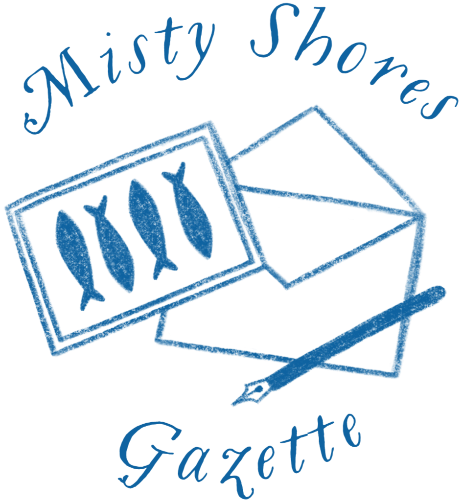 Blue hand-drawn “Misty Shores Gazette” newsletter logo featuring a fish illustration, an envelope, and a pen arranged in a simple sketch style.