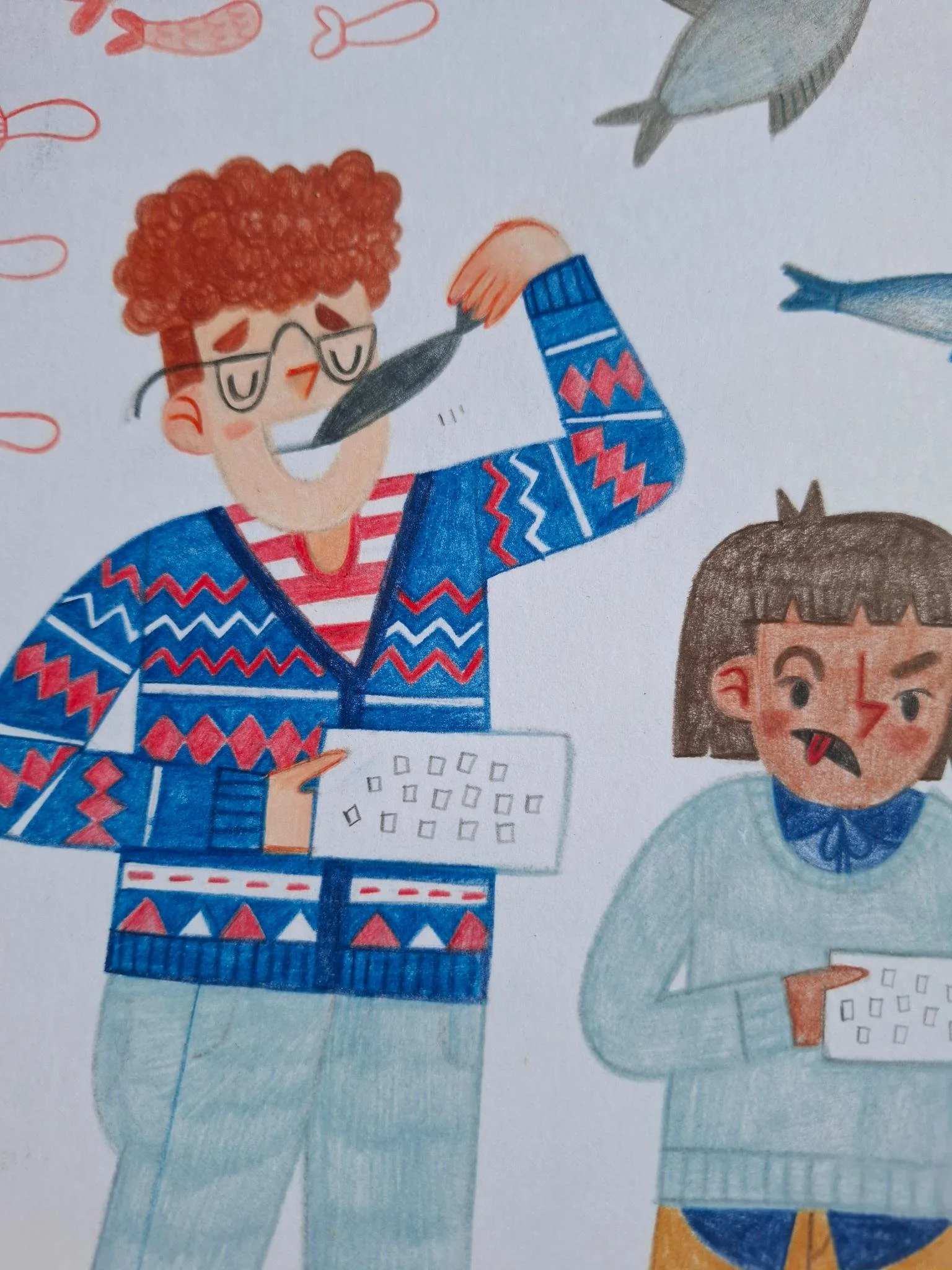 Illustration of a fish market customer holding a fish beside a child carrying a tray of seafood.