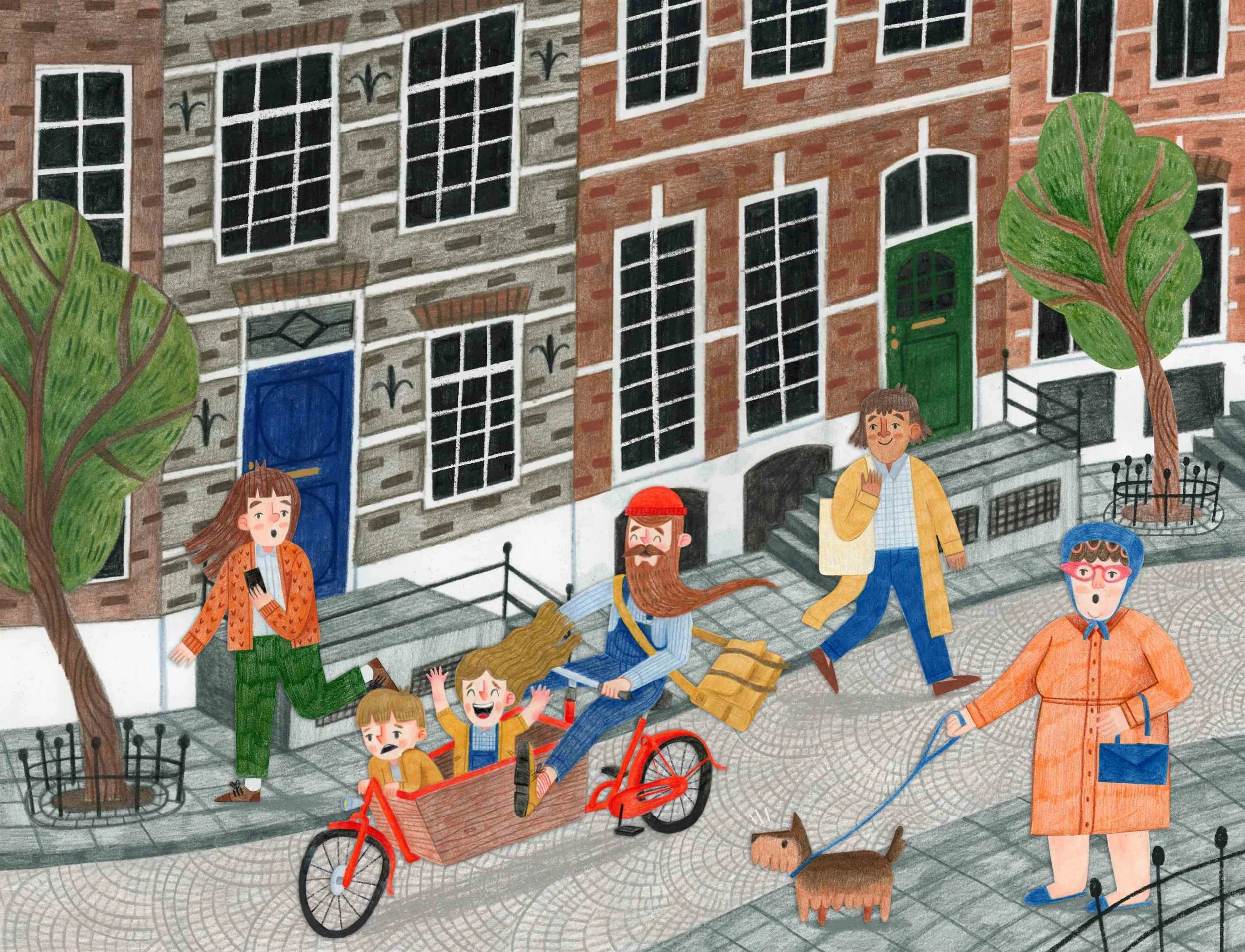 Children ride in a cargo bike past Amsterdam-style row houses while pedestrians walk along a cobblestone street, illustrating a lively neighborhood scene.
