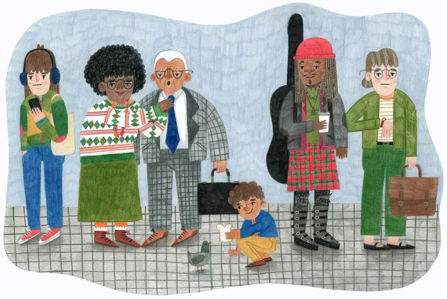 Illustration of commuters waiting together on a subway platform, including musicians, office workers, and a child feeding a pigeon.