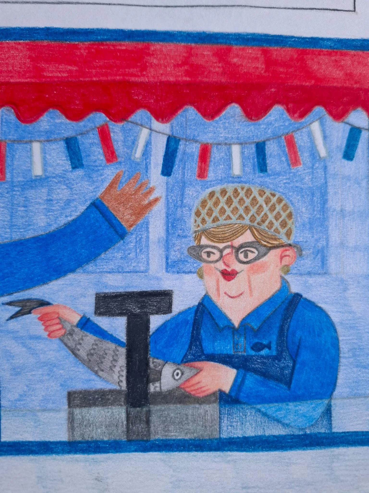 Illustration of a fishmonger weighing a fish beneath a striped market canopy at an outdoor seafood stall.