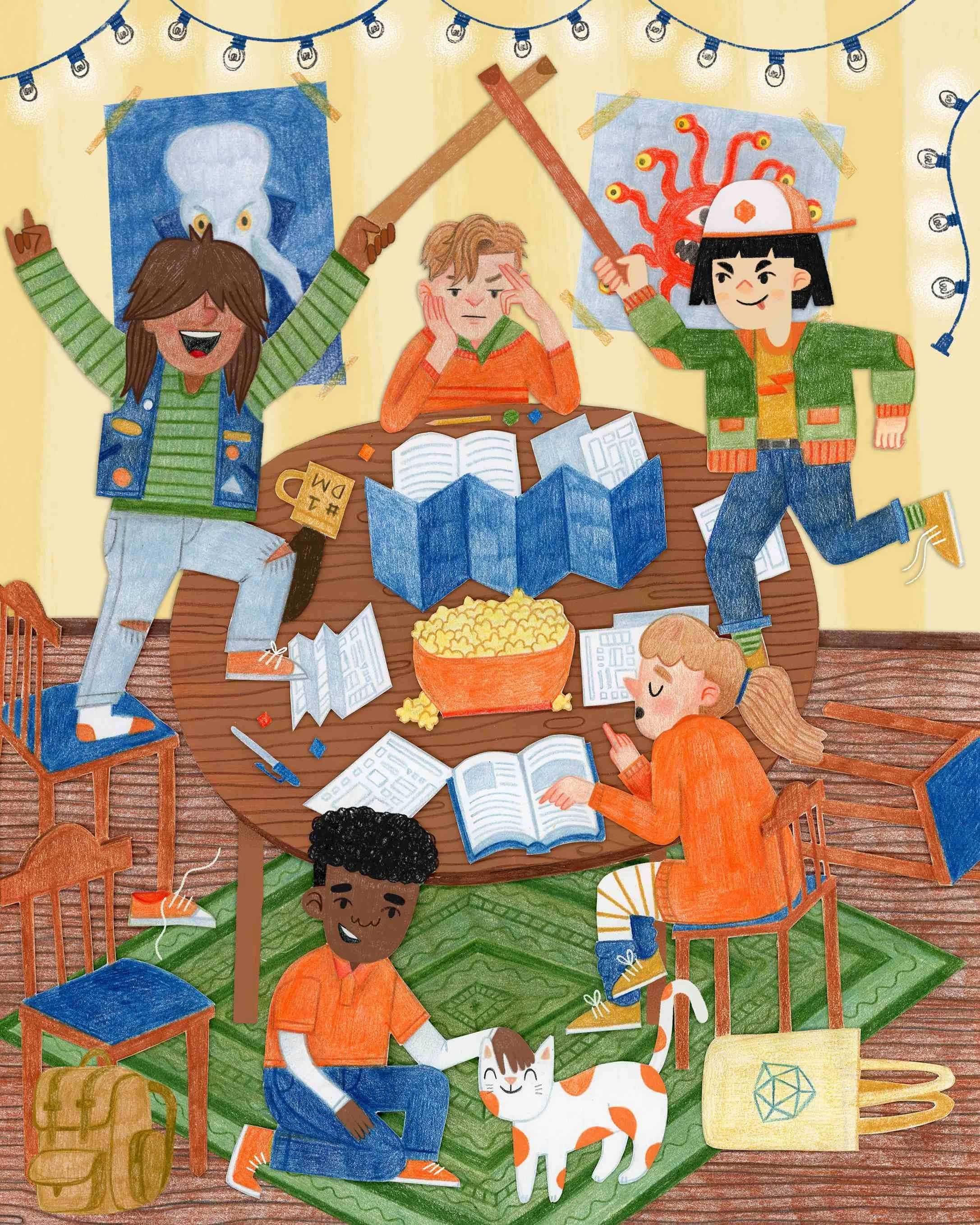 Illustrated scene of children celebrating together at a party, gathered around a table with food and decorations in a warm, playful, hand-drawn style.