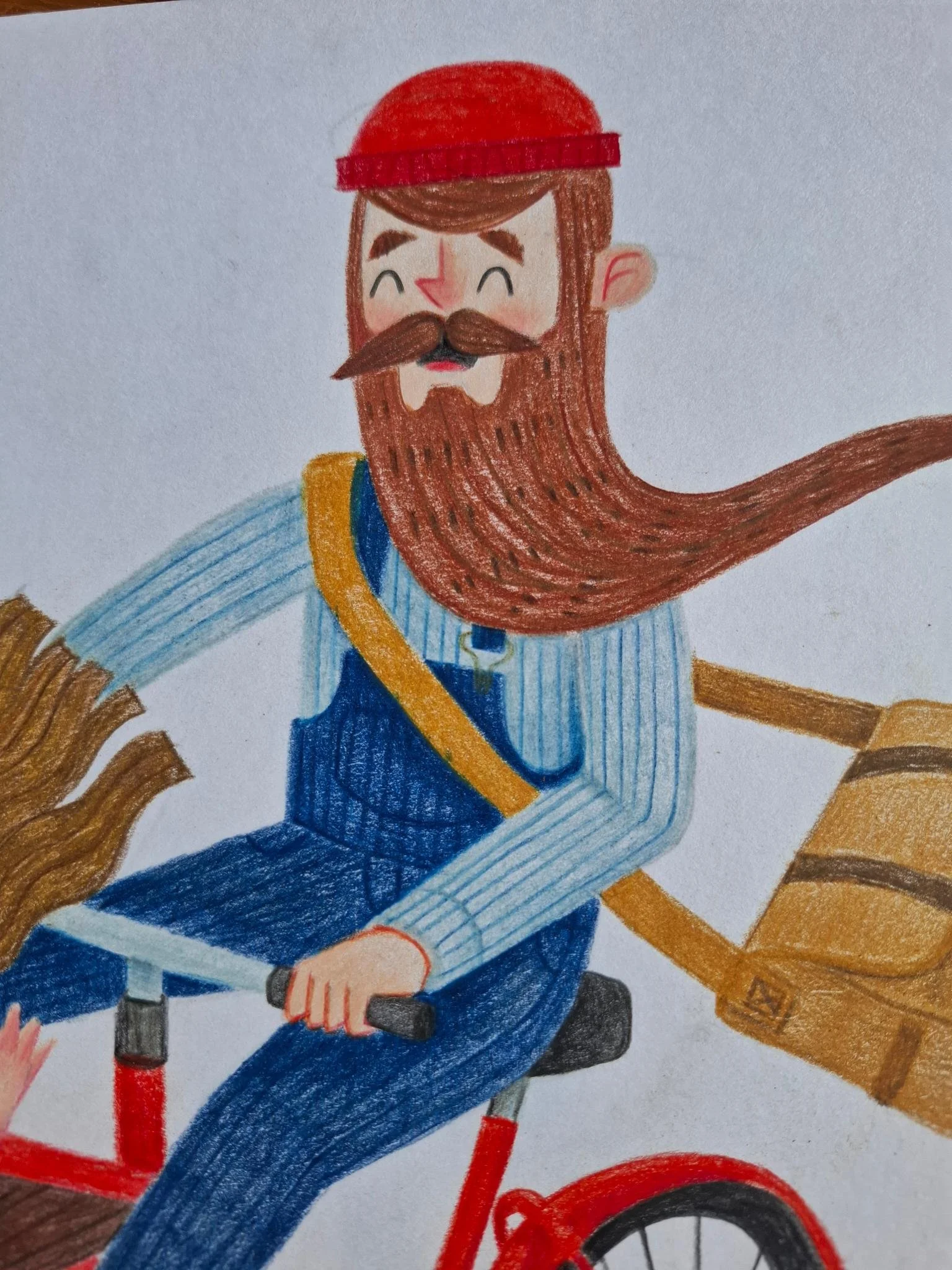 Illustrated bearded man riding a red bicycle while carrying books and art supplies.