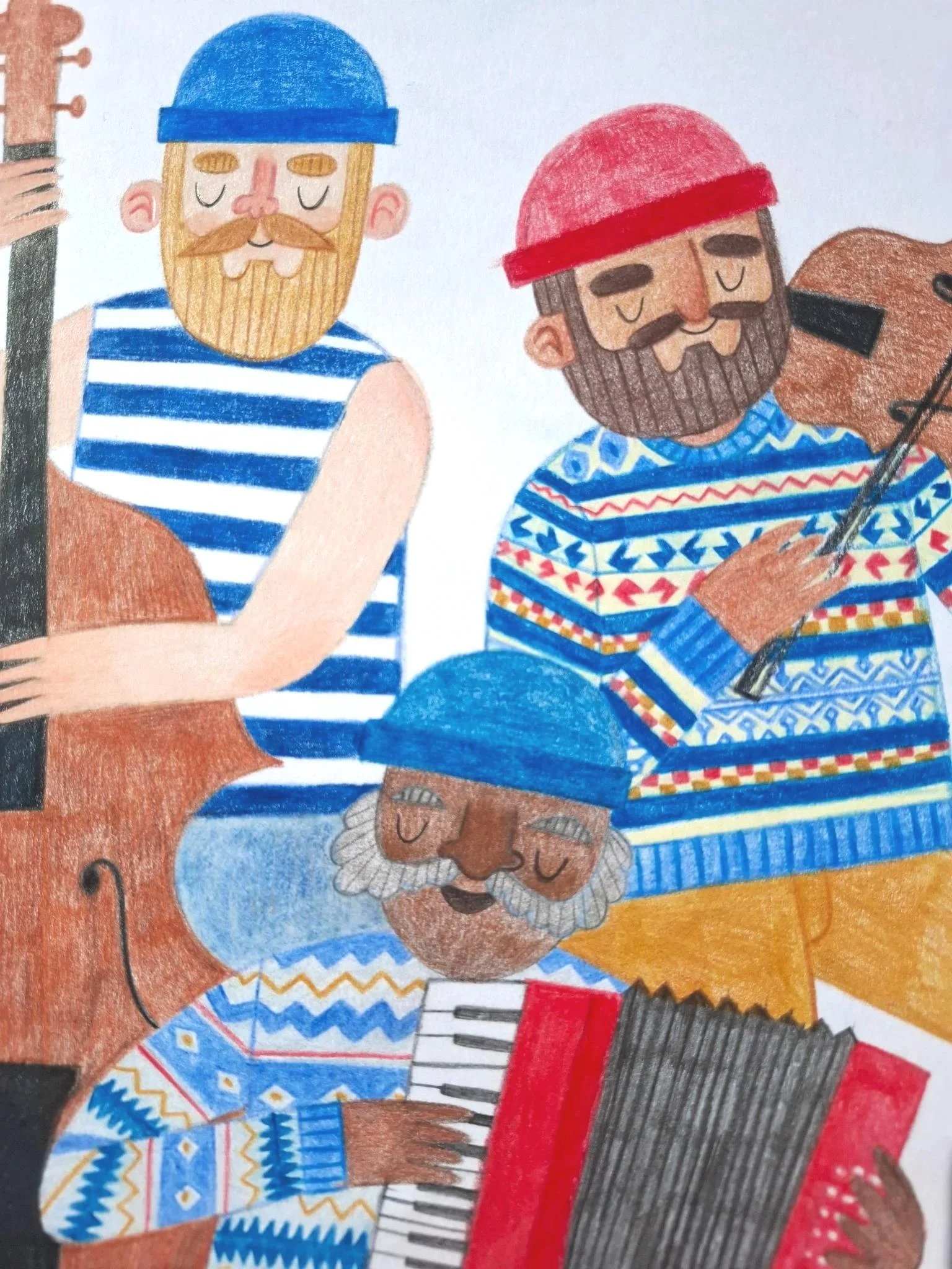 Illustration showing two stylized figures playing instruments, including a guitar and accordion, in a hand-drawn, textured art style used as a process or portfolio image for Andy Passchier’s work.
