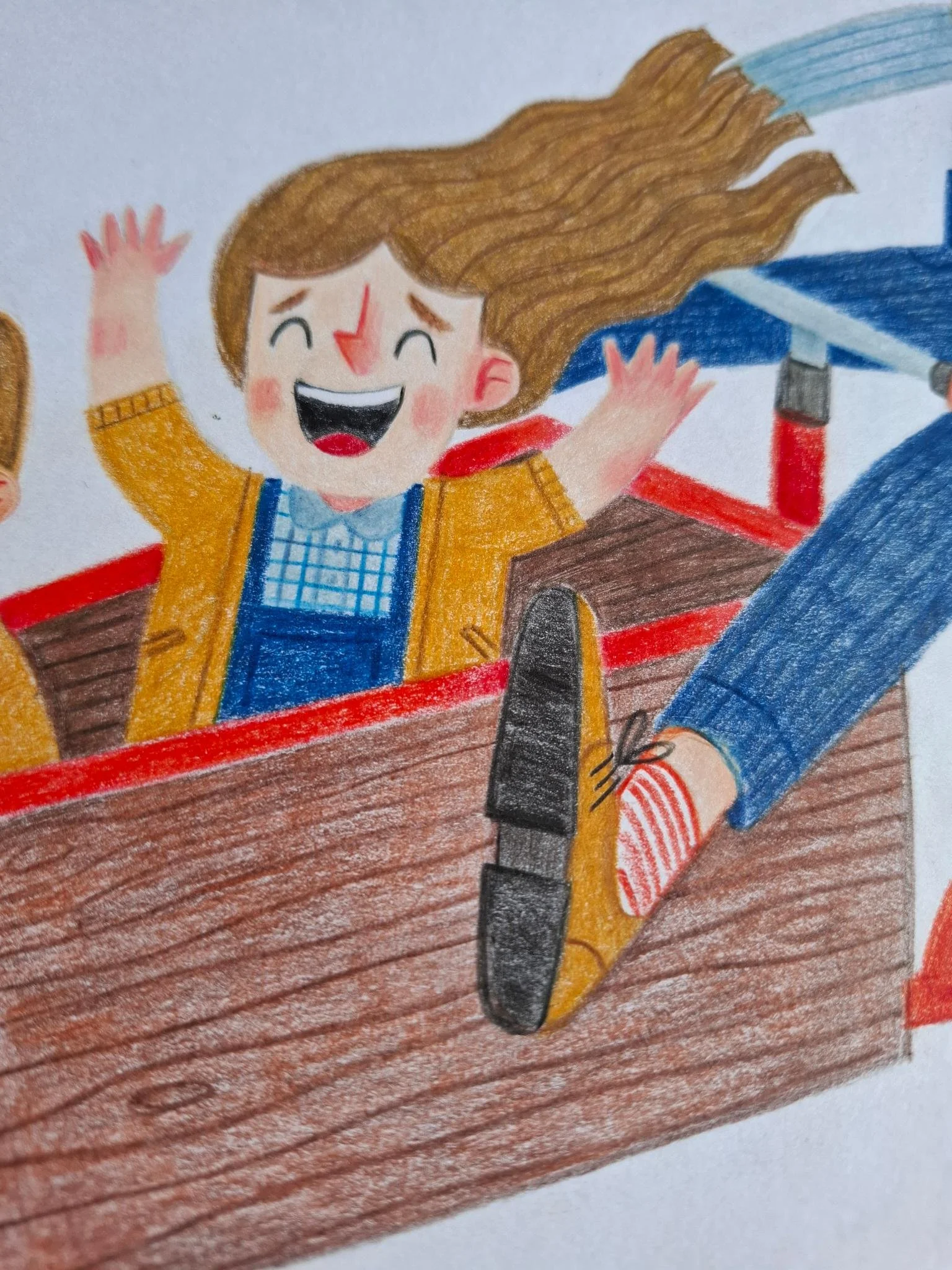 Illustration of a smiling child riding in a wooden cart, with windswept hair and raised arms drawn in colored pencil.
