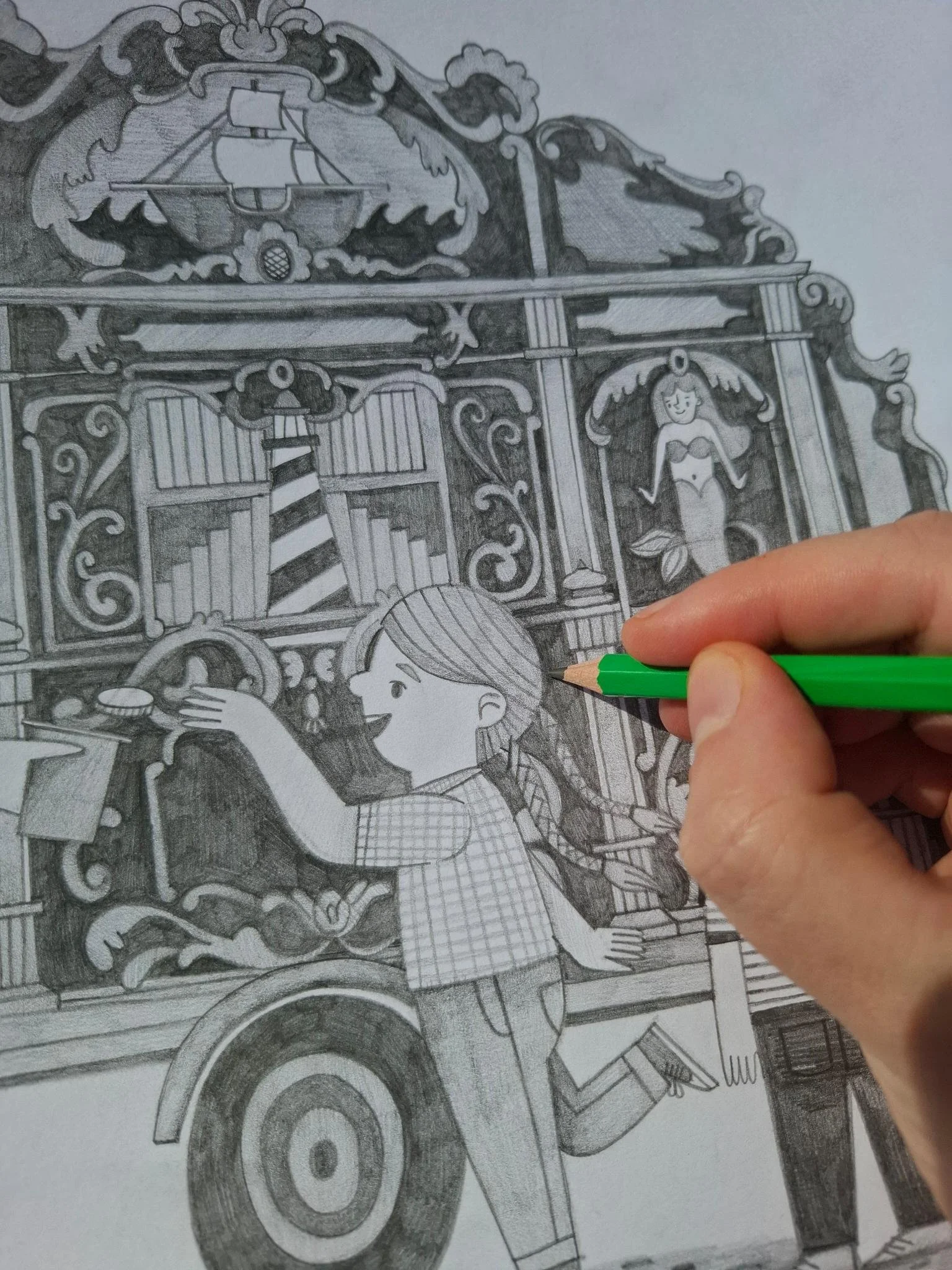Hand coloring an intricate black-and-white illustration of a girl beside a decorated cart.