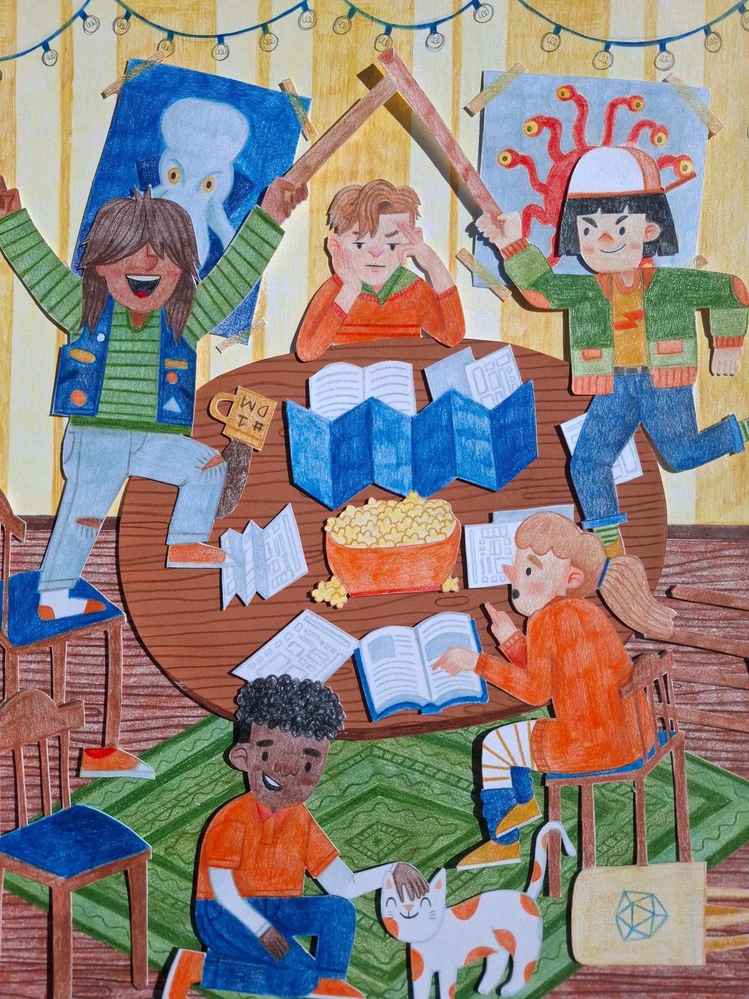 Illustration of children reading and playing around a table covered with books, papers, and popcorn beneath colorful drawings and string lights.
