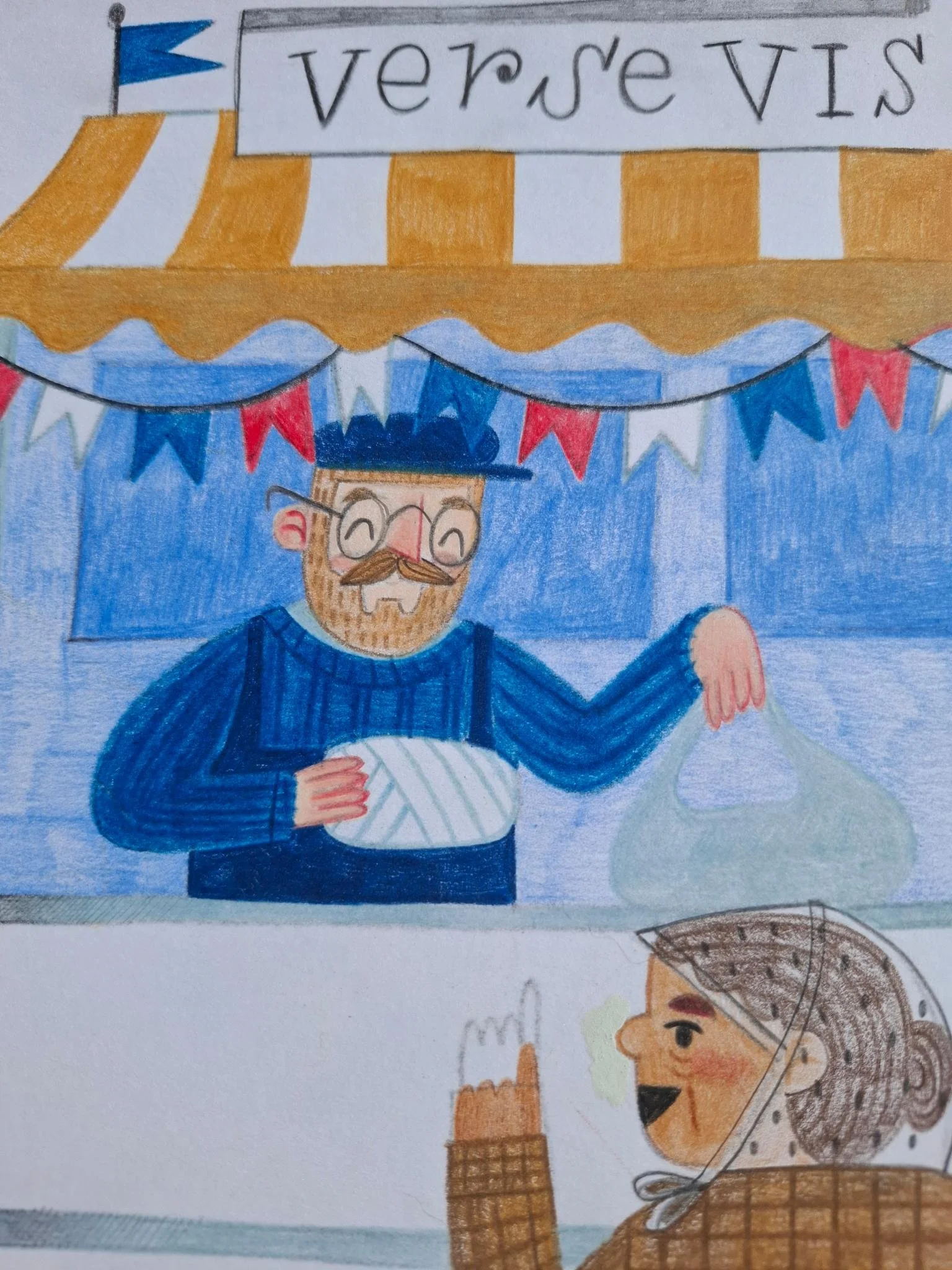 Illustration of a fish vendor serving a bundled-up customer beneath a striped market stall at an outdoor fish market.