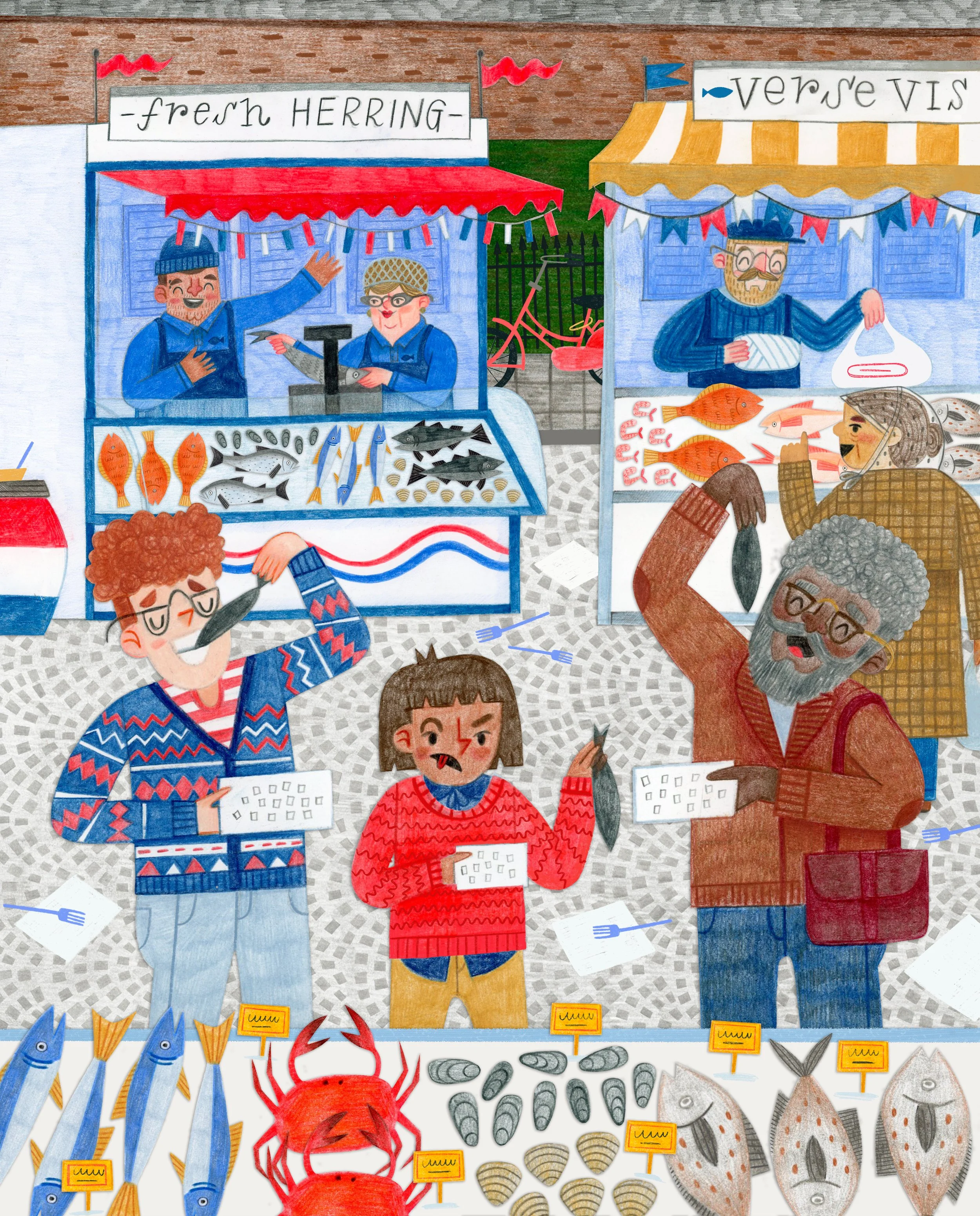 Hand-drawn illustration of a lively fish market scene with vendors and customers interacting at colorful stalls.