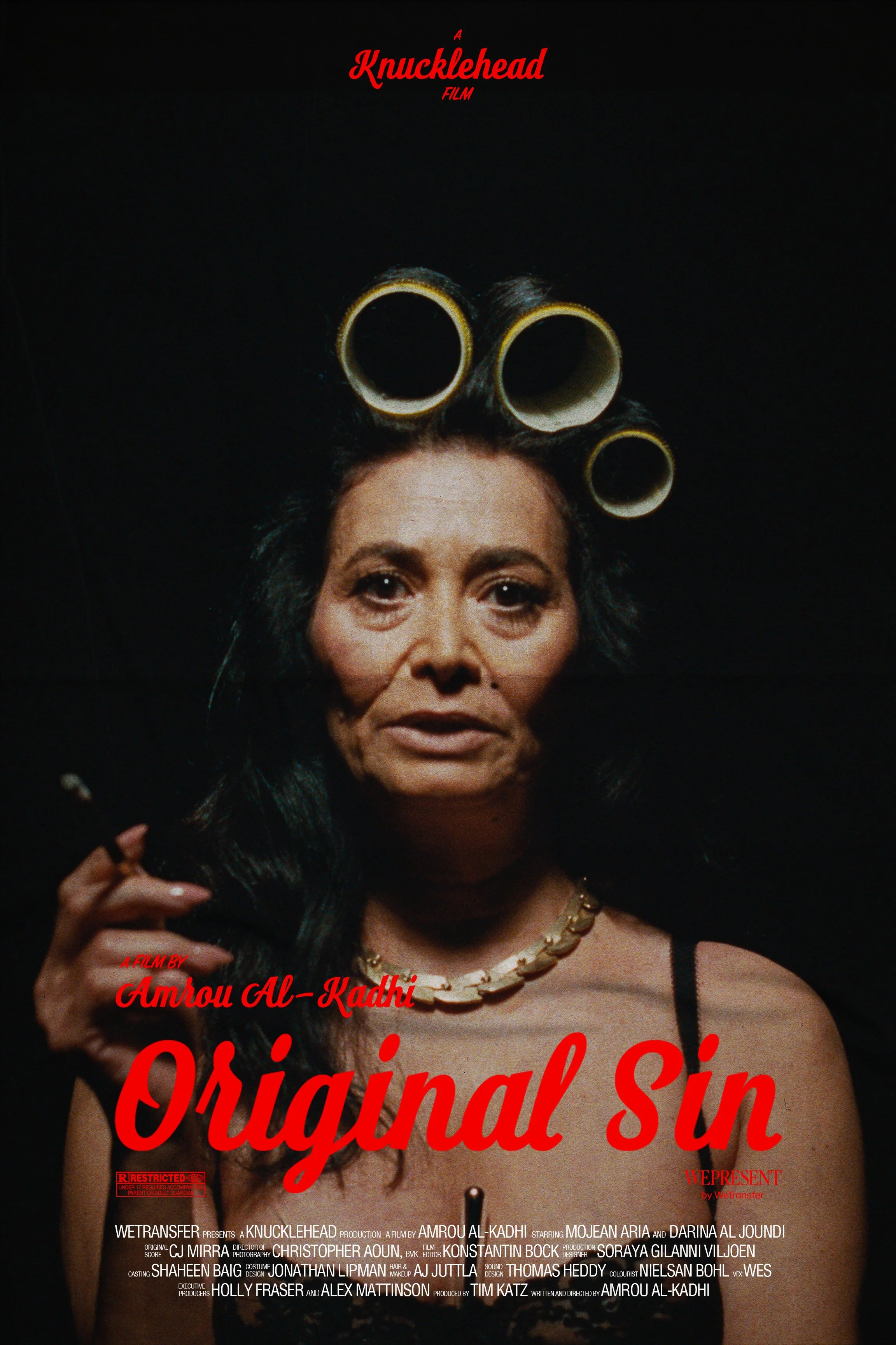 A woman with black hair and dark makeup holding a cigarette, partially dressed, with a black background. Overlaid text includes movie credits and the title 'Ousainal Sin'.