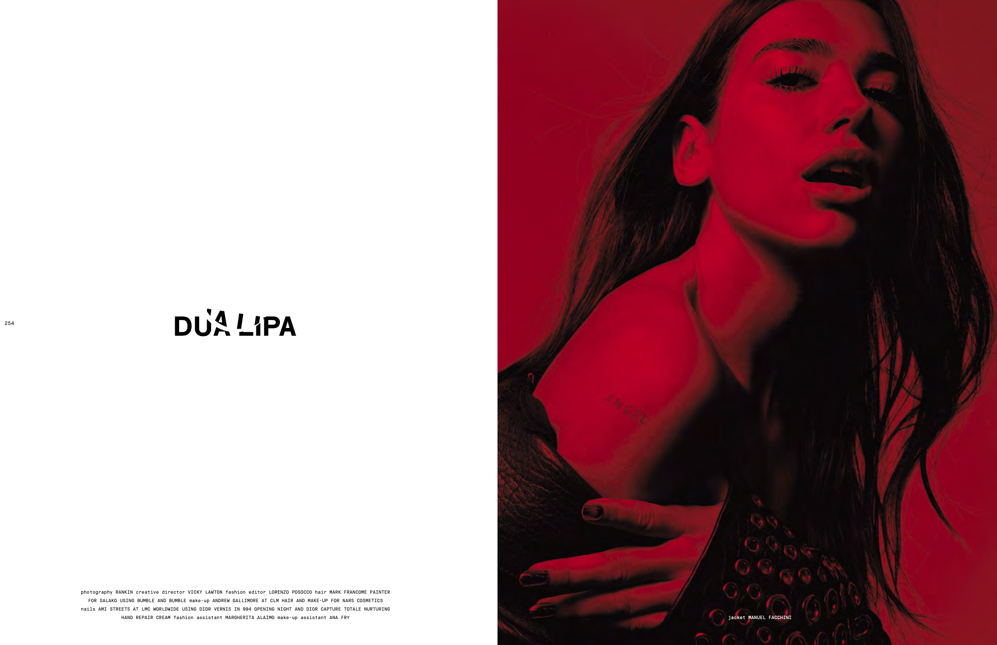 A woman with long dark hair, wearing a black jacket with metal accents, is posed with her mouth slightly open. The photo has a red and black color overlay. The text on the image includes the title 'Dualipa' and credit to the creative team and makeup artist, along with a list of cosmetic and fashion names.