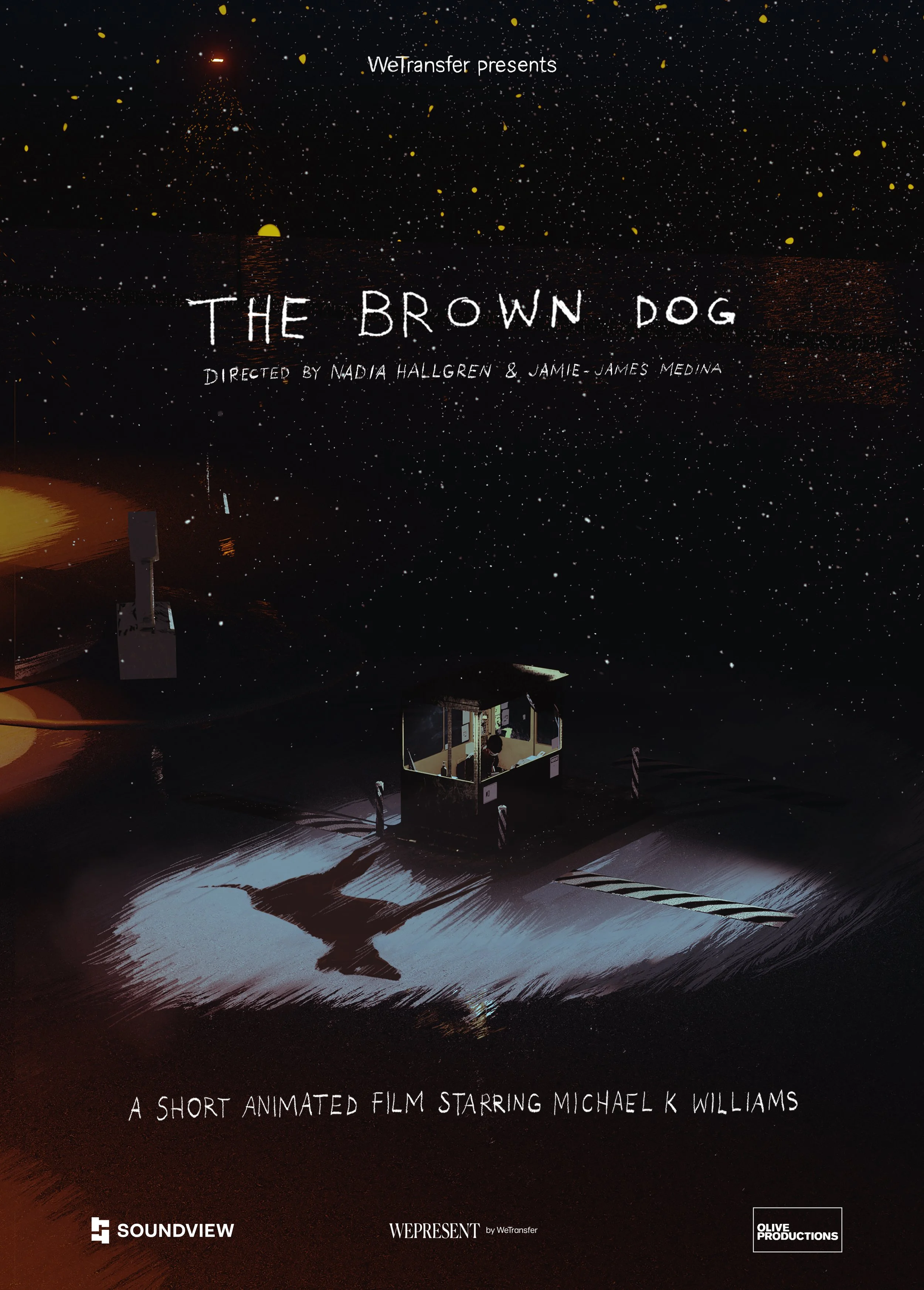 Night scene with a boat and a person inside, reflecting on water under a starry sky with a setting sun or moon, promotional text for a short animated film titled 'The Brown Dog,' directed by Nadia Hallgren and Jamie-James Medina, presented by WeTransfer, with logos for Soundview, WePresent, and Olive Productions.