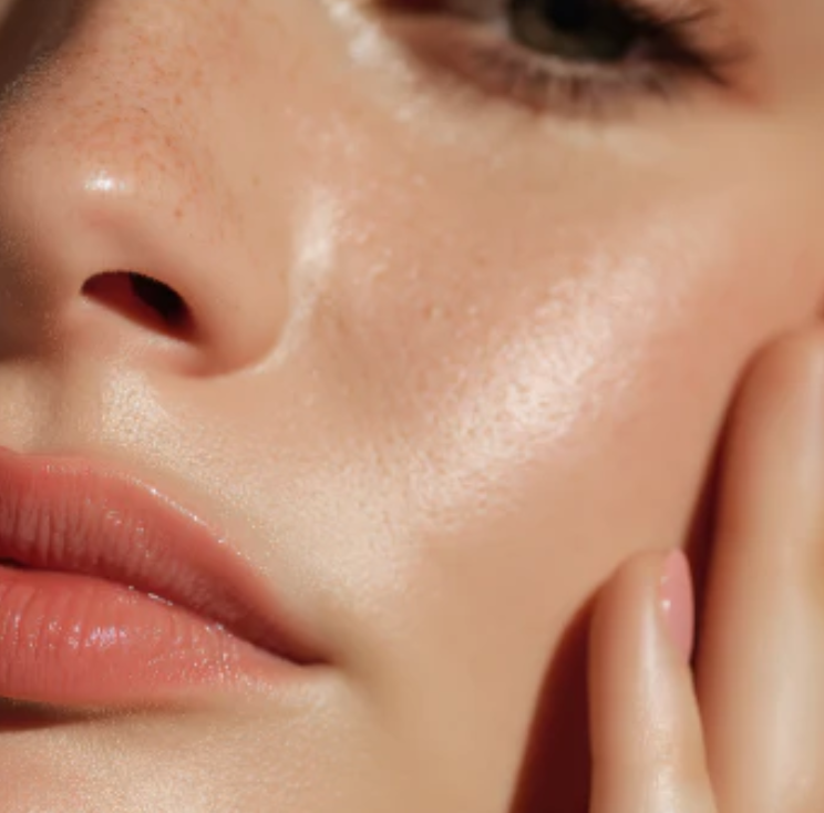 Close-up of a woman's face, showing glowing, smooth skin
