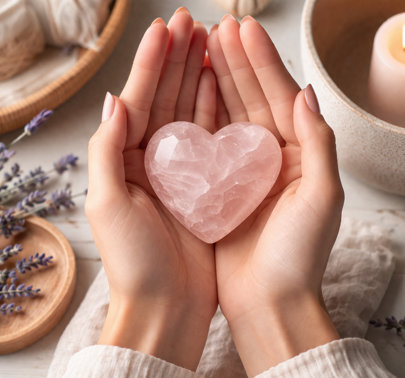 Hands holding a pink heart-shaped crystal, surrounded by lavender flowers and candles