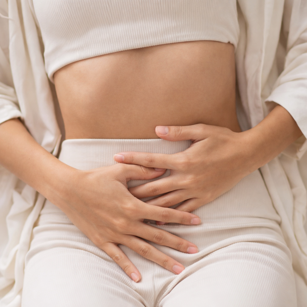 Close-up of a woman’s bare midsection with hands gently resting on her stomach in a relaxed pose.