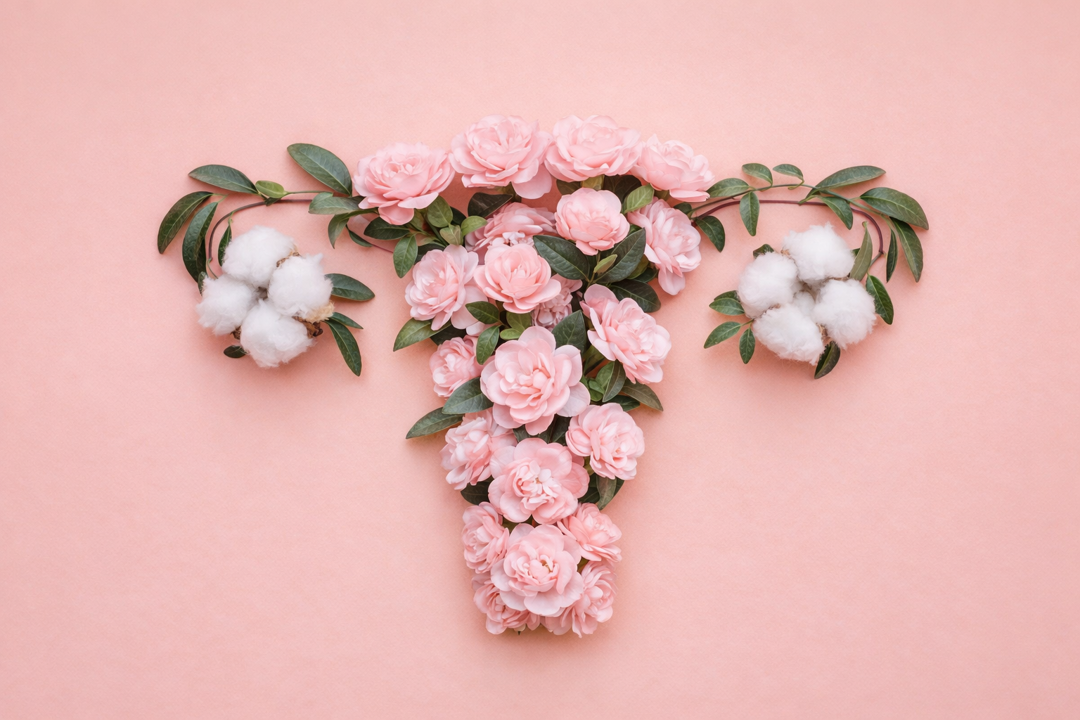 A pink background with a floral arrangement forming the shape of a female reproductive system, featuring pink roses, green leaves, and cotton flowers.