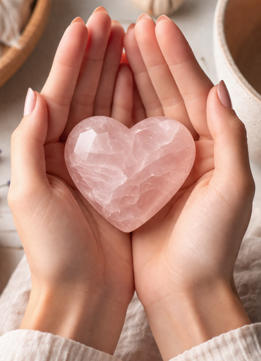 Hands holding a pink heart-shaped crystal quartz gemstone.