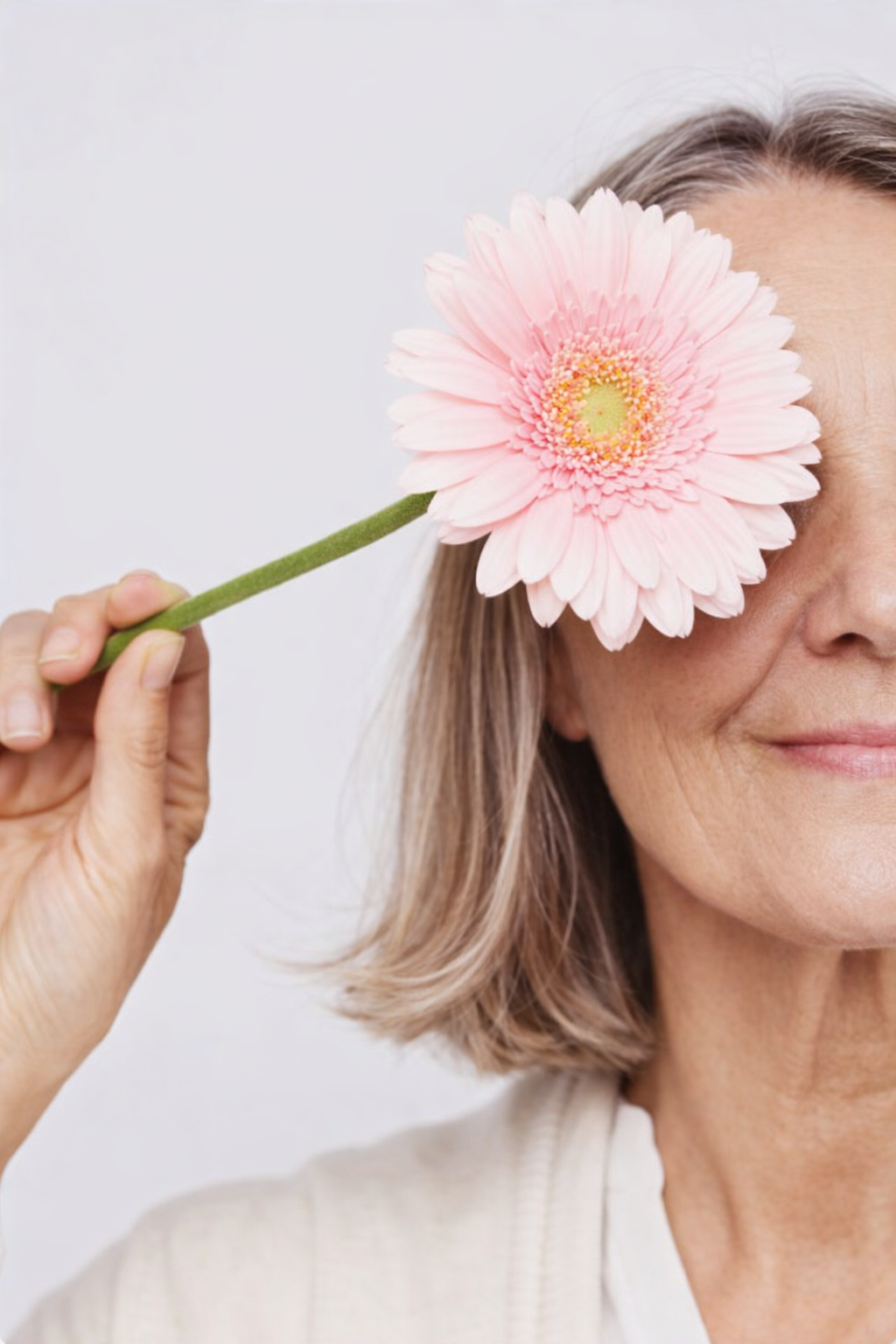A woman holding a pink gerbera daisy in front of her face, covering one eye, with a white background.