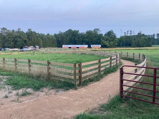 A dirt path leading to a fenced pasture on a farm, with trees and farm buildings in the background under a cloudy sky.