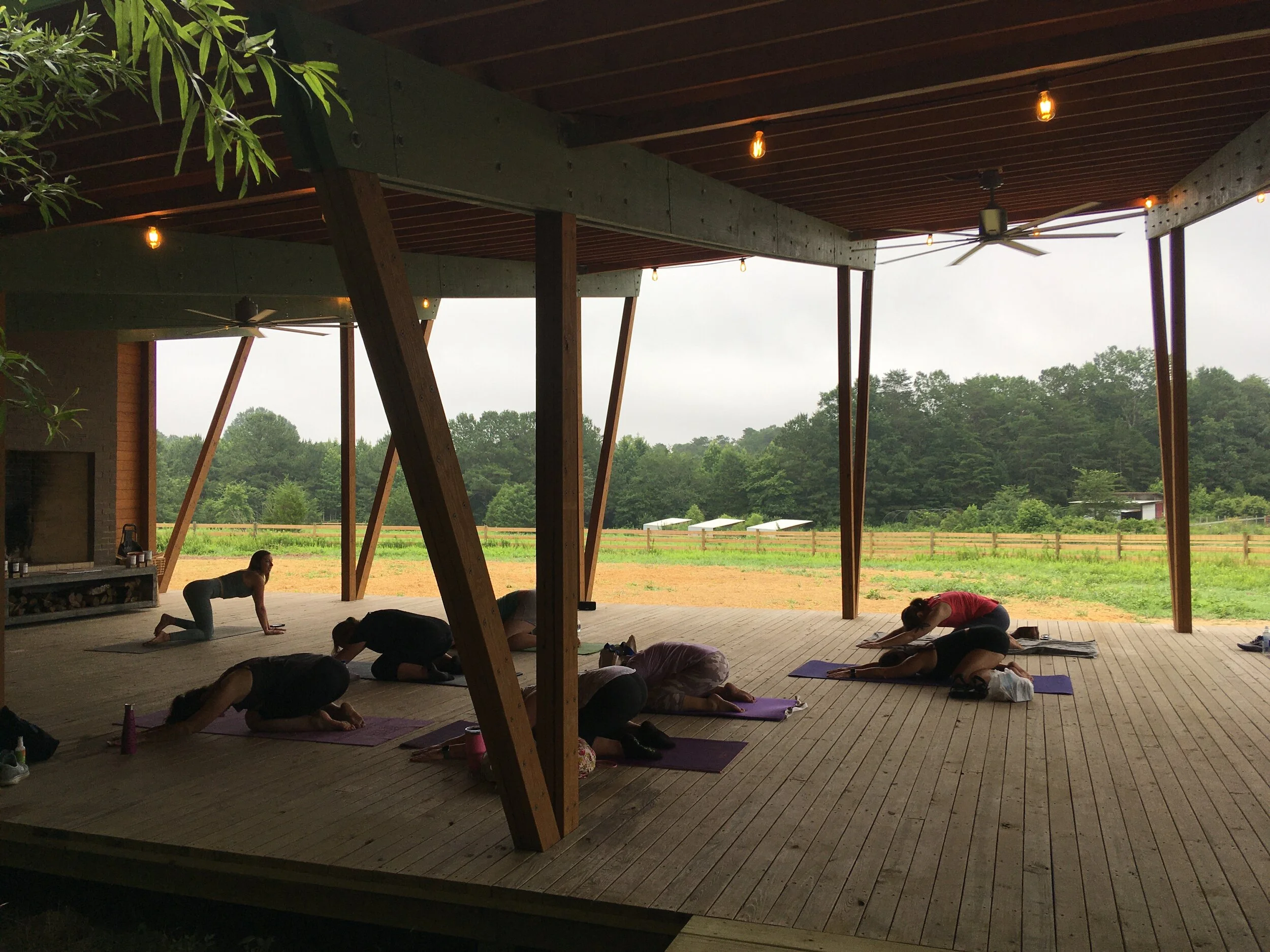 People practicing yoga outdoors on yoga mats under a covered wooden pavilion with string lights, overlooking a green field and trees.