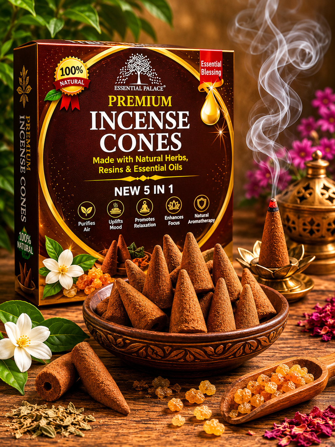 A box of Essential Palace premium incense cones surrounded by incense cones, herbs, and flowers on a wooden surface, with a steaming incense cone in a brass holder to the right.