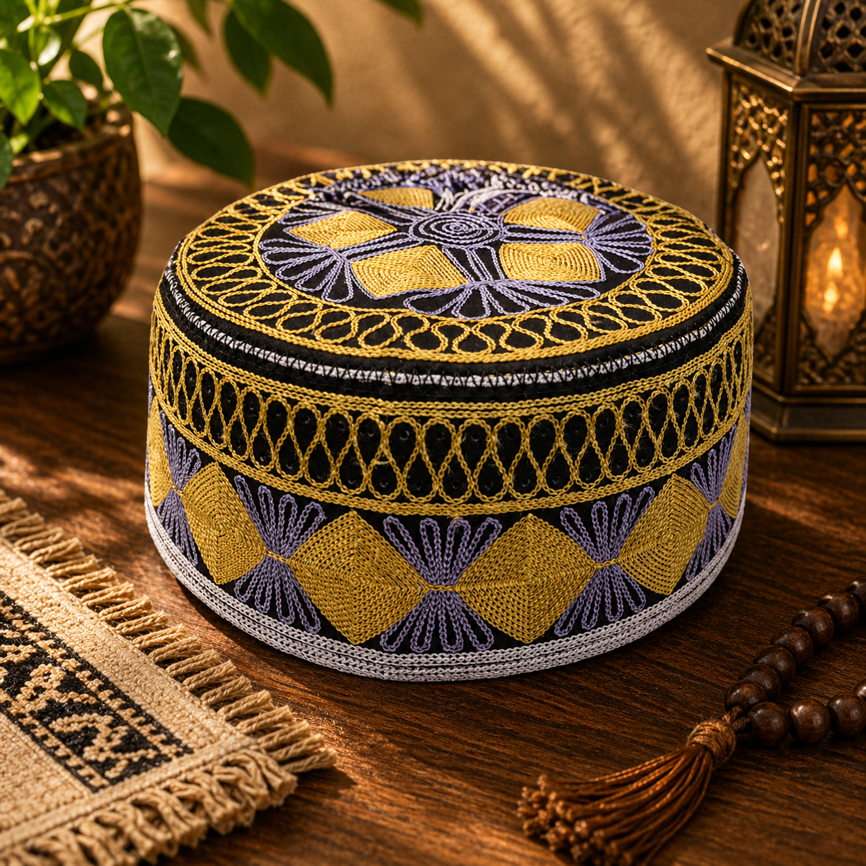 A round embroidered box with intricate yellow, purple, and black patterns, sitting on a wooden surface with a potted plant and a lantern nearby.