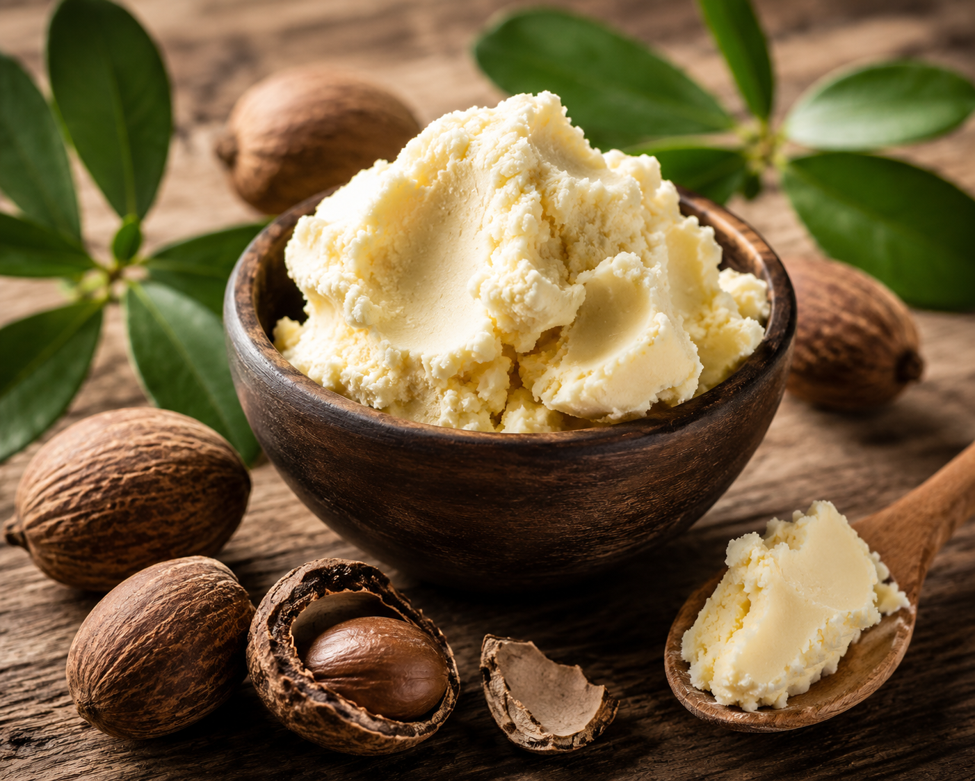 A bowl of creamy vanilla ice cream on a wooden table surrounded by whole and cracked open nuts, green leaves, and a wooden spoon with a scoop of ice cream.