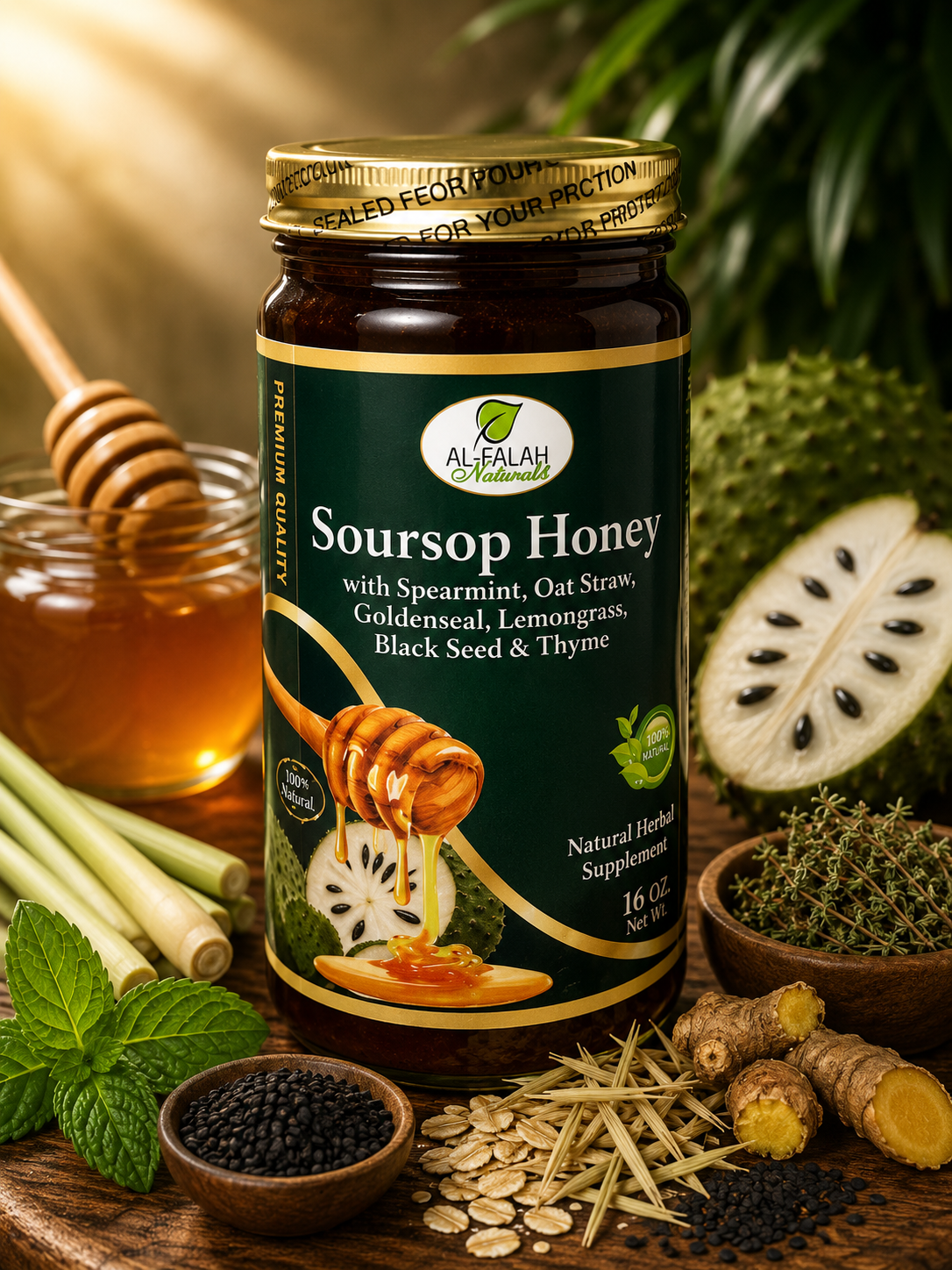 Al-Falah Naturals | Soursop Honey with Spearmint, Oat Straw, Goldenseal, Lemongrass, Black Seed & Thyme