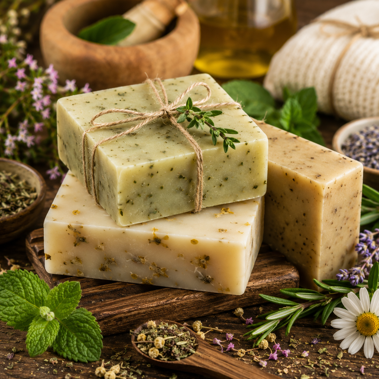 Three handmade herbal soaps stacked on a wooden surface, surrounded by fresh herbs, dried flowers, and scattered petals.
