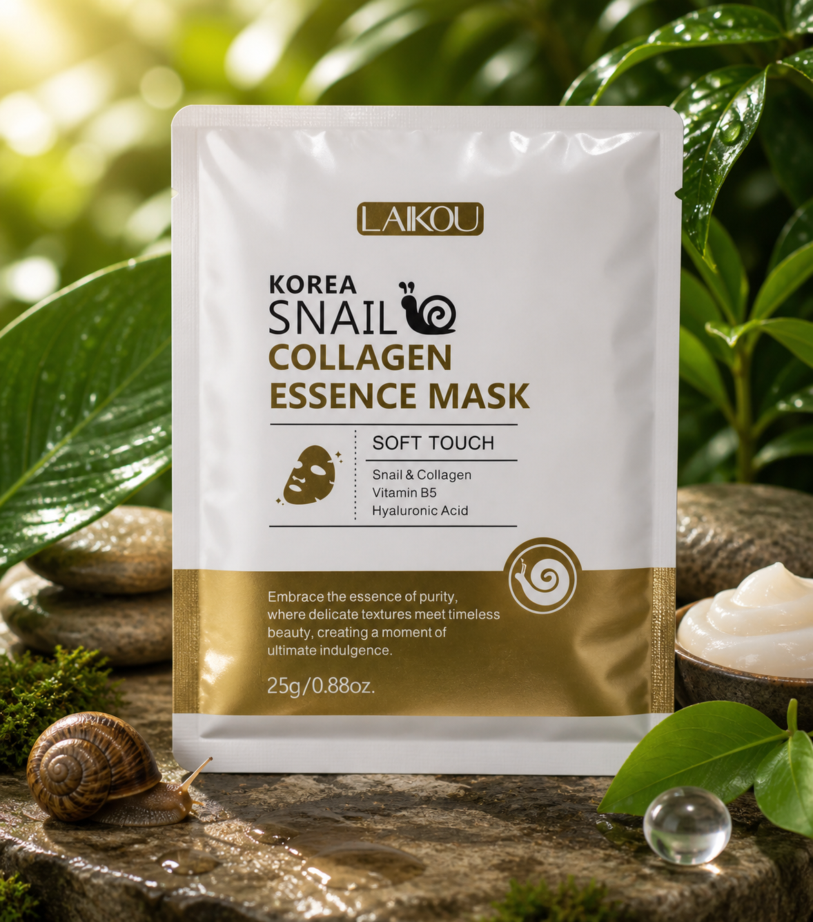 Package of LAIKOU Korea Snail Collagen Essence Mask placed on a natural setting with rocks, green leaves, and a snail, emphasizing skincare ingredients and natural beauty.