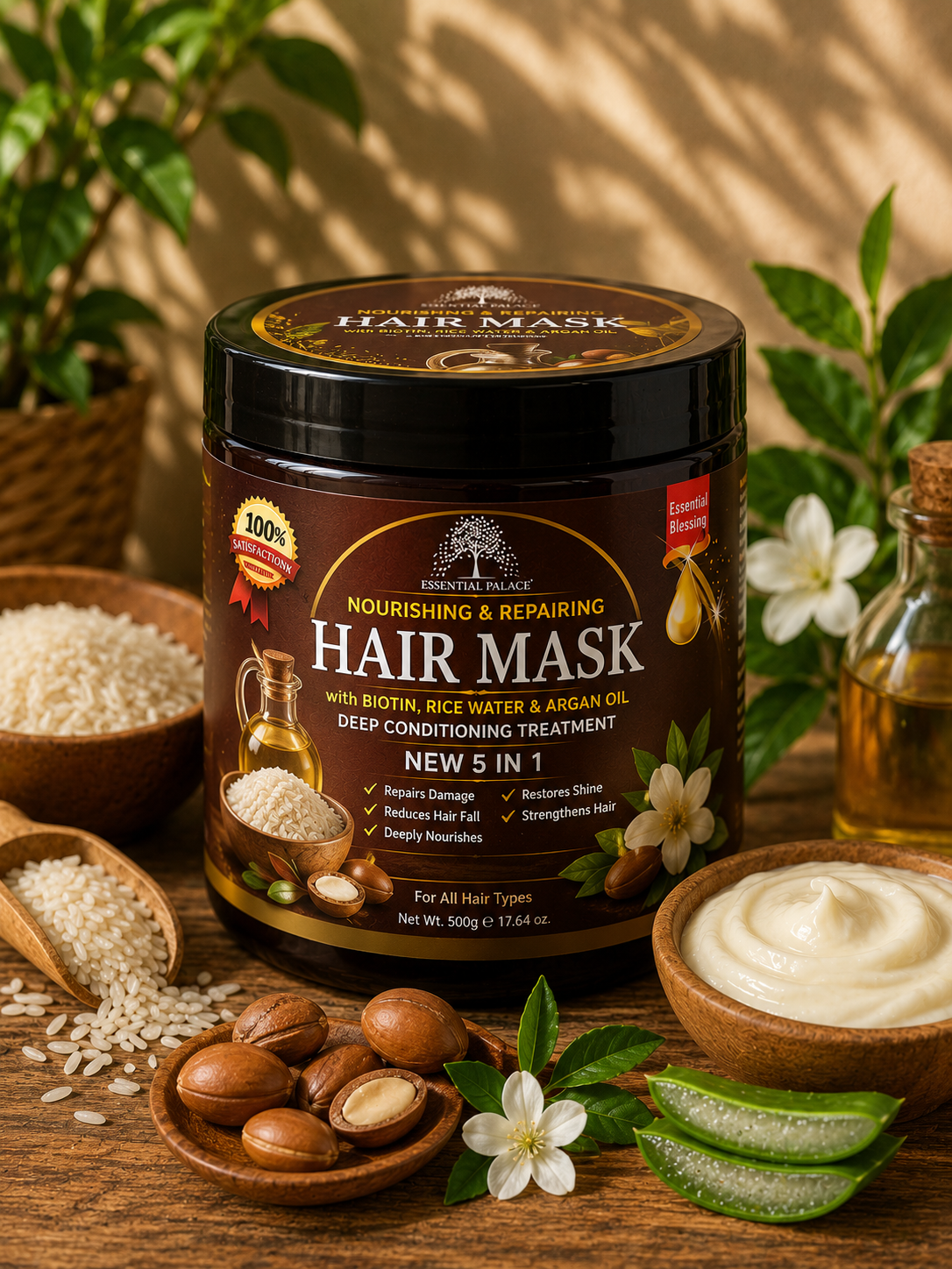 A container of nourishing and repairing hair mask with natural ingredients like rice water, argan oil, and biotin, surrounded by rice, argan nuts, aloe vera, and flowers on a wooden surface with a green plant in the background.