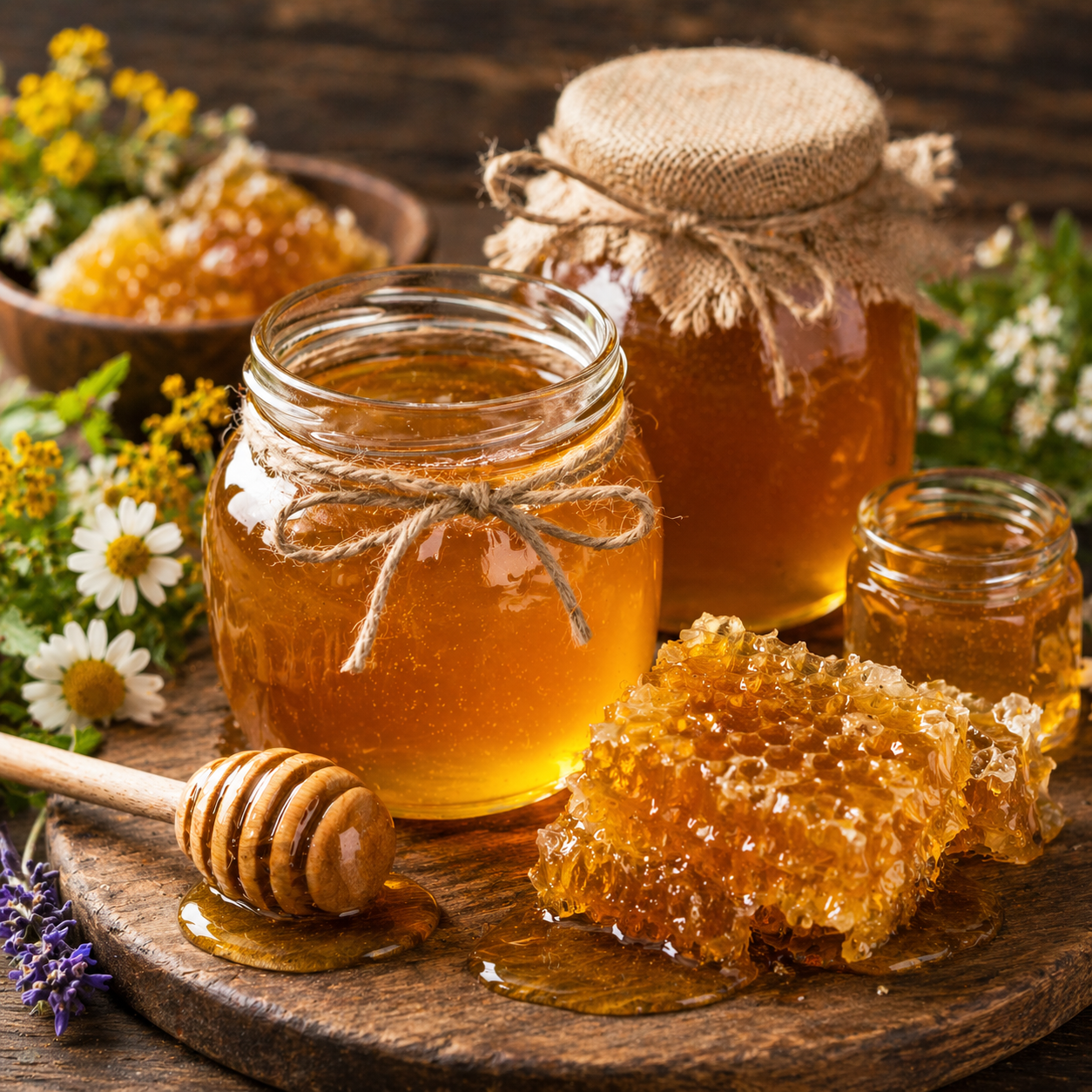 Three jars of honey with honeycomb on a wooden surface, surrounded by wildflowers, honey dipper, and a bowl of honey.