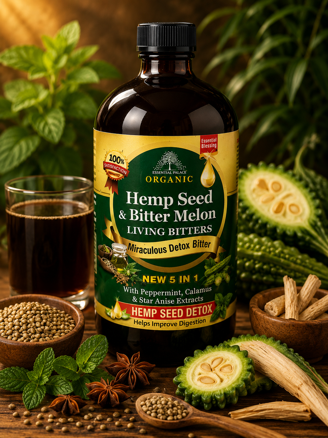 Essential Palace | Organic Hemp Seed & Bitter Melon Living Bitters | Miraculous Detox Bitter