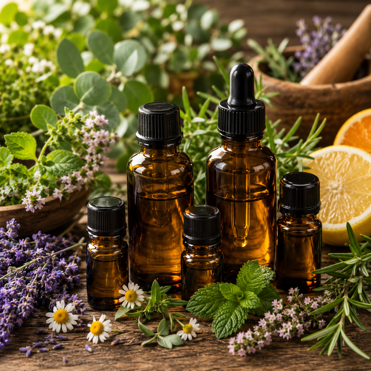 Amber glass bottles of essential oils surrounded by fresh herbs, lavender, chamomile, lemon slices, and a mortar and pestle on a wooden surface.
