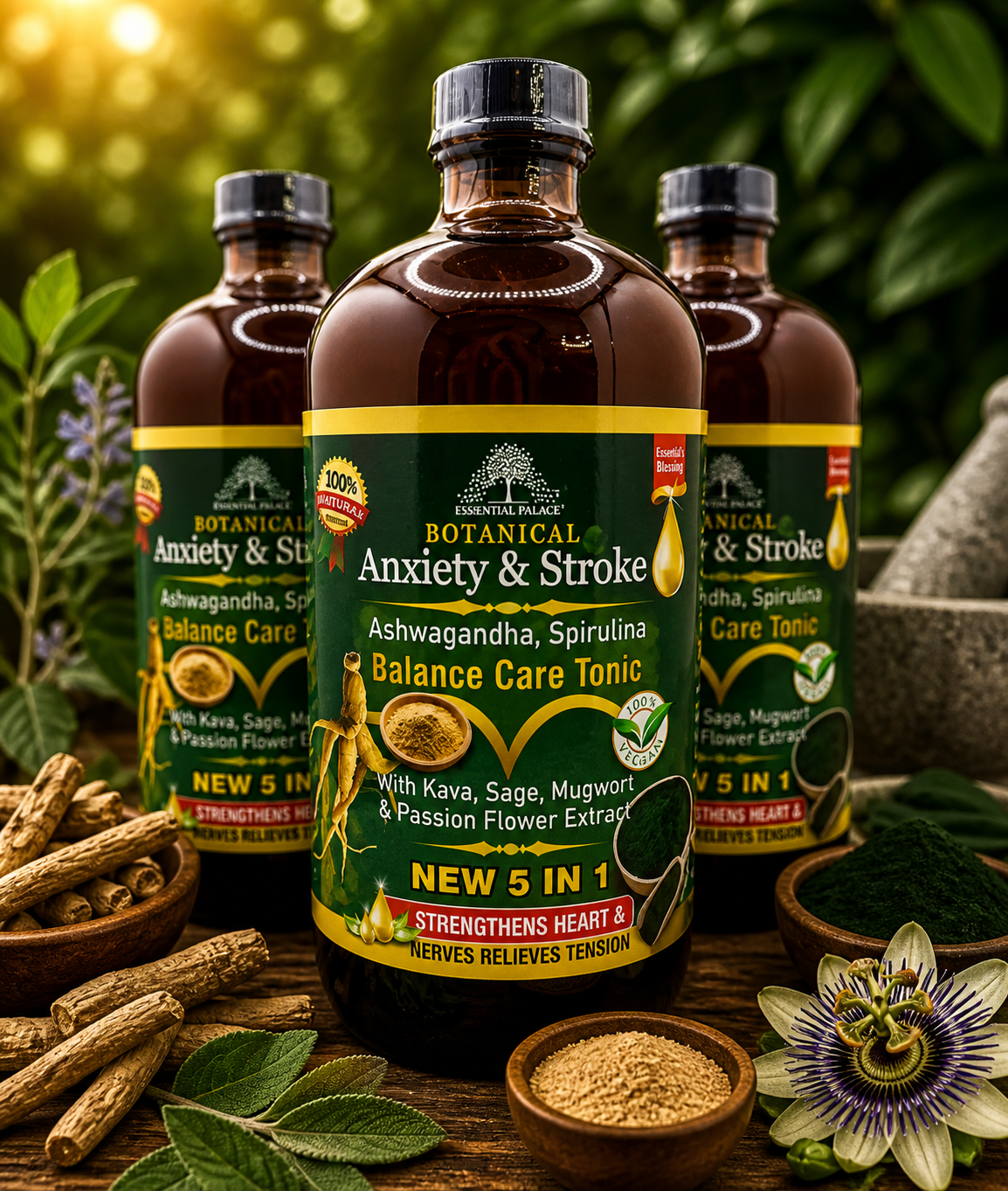 Bottle of botanical anxiety and stroke balance care tonic with natural ingredients, surrounded by herbs, roots, and herbal extracts, outdoors with green foliage background.