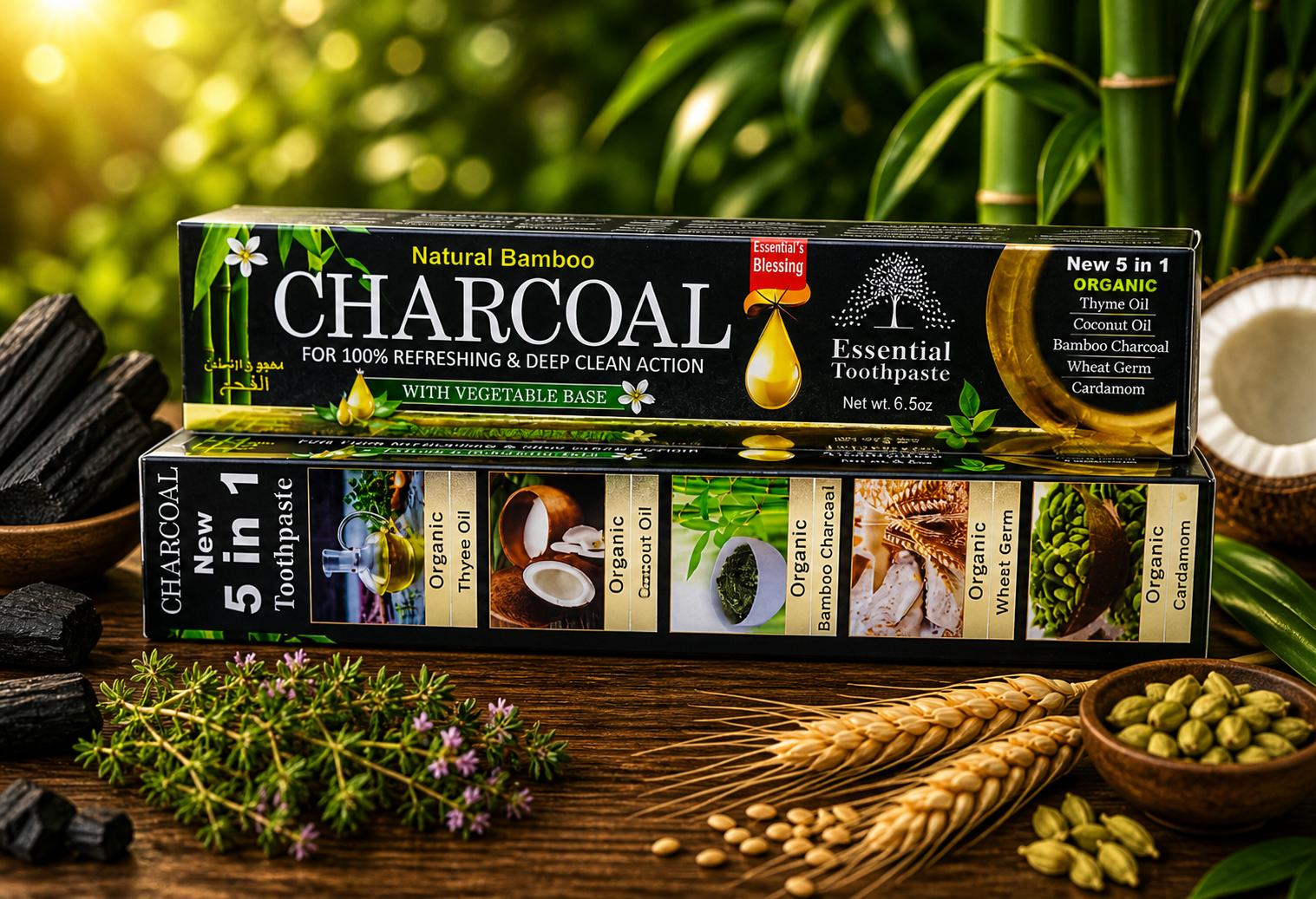 Boxes of natural bamboo charcoal toothpaste surrounded by herbs, wheat, and coconut in a natural setting.