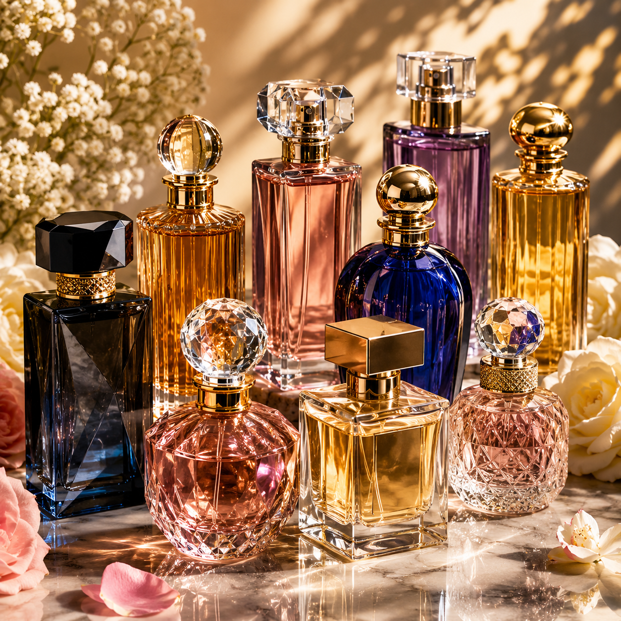 Collection of colorful beauty perfume bottles with floral background and soft lighting.