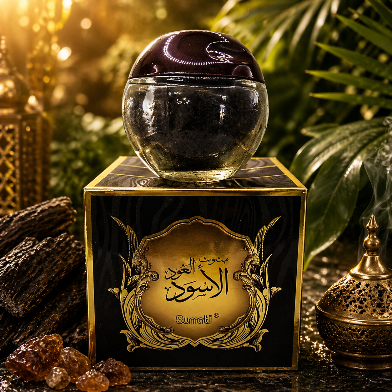 A decorative glass jar with a dark lid sitting on top of a black and gold ornate box labeled in Arabic, surrounded by fragrant incense sticks, amber stones, and a gold lantern in a lush garden setting.