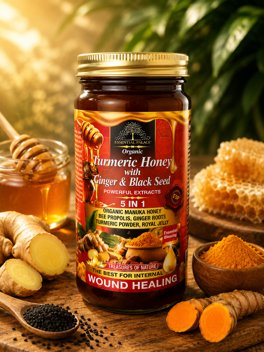 Essential Palace | Organic Turmeric Honey with Ginger & Black Seed | Wound Healing