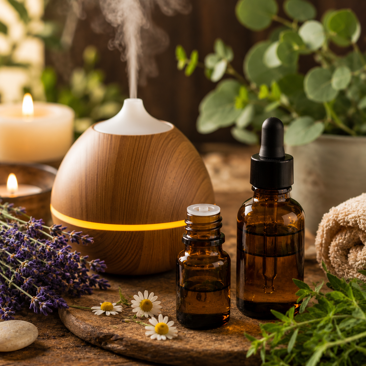 Aromatic essential oils, a diffuser, candles, lavender, chamomile, and greenery on a wooden surface for relaxation or aromatherapy.
