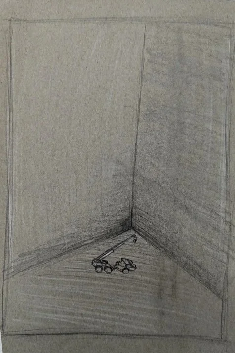 Sketch of a corner of a room with two walls and a floor, and a pair of glasses with a long handle placed on the floor.