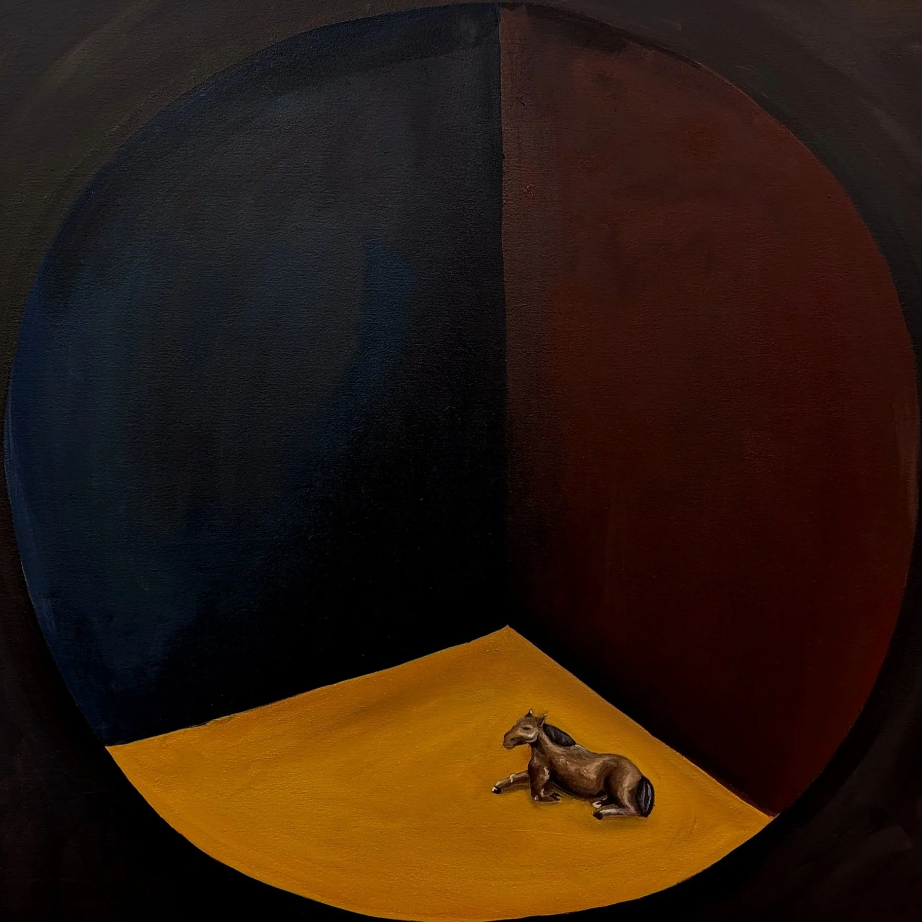 A painting with a black background divided into a dark blue section on the left and a dark red section on the right. The bottom features a large yellow arc or oval shape with a small, realistic horse figurine placed on the right side of the yellow shape.