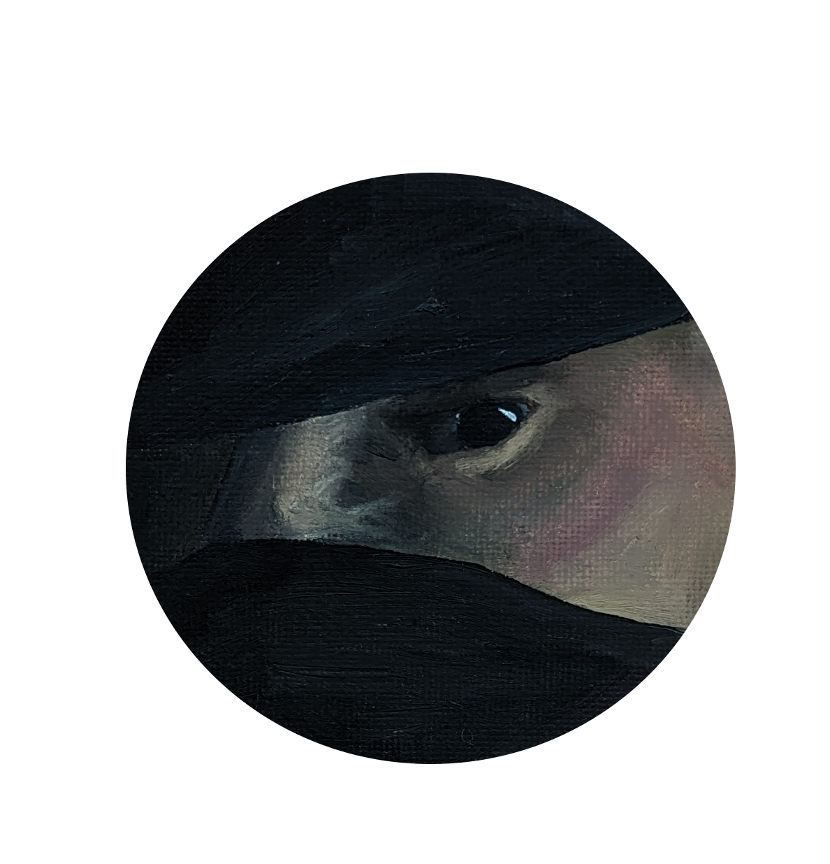 Close-up of a person's eye with dark hair covering part of the face, wearing a black face covering, with makeup on the eye area.