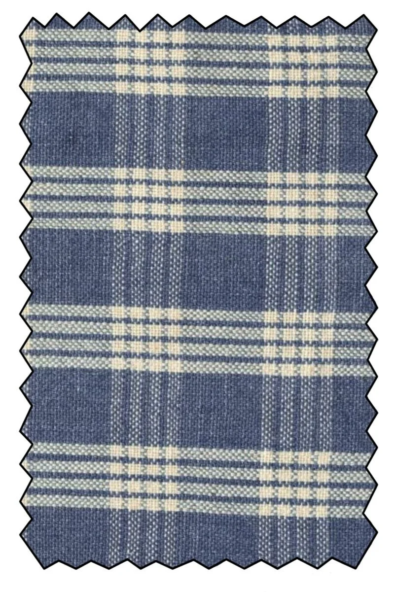 Close-up of a blue and white plaid fabric pattern.