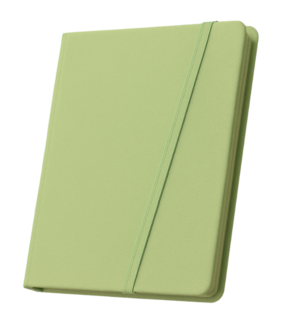 Light green hardcover notebook with elastic band closure.