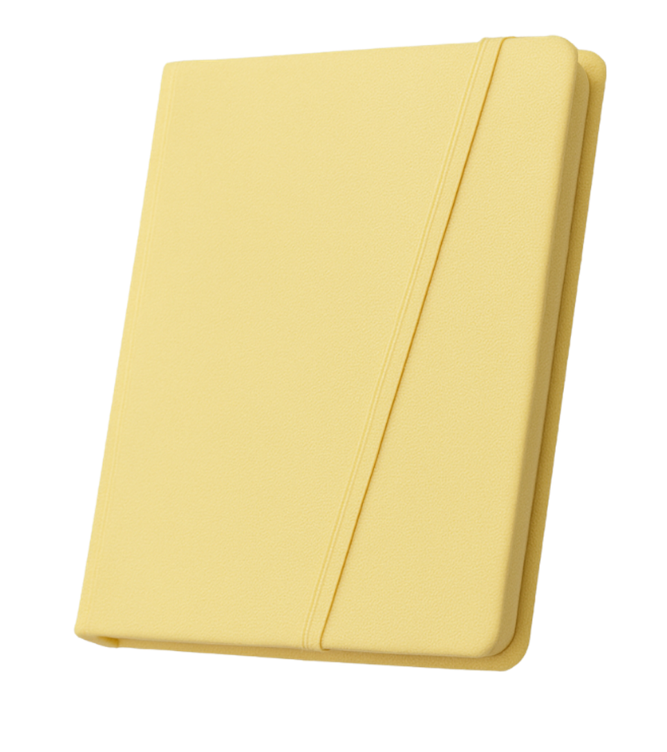 Yellow hardcover notebook with an elastic band closure.